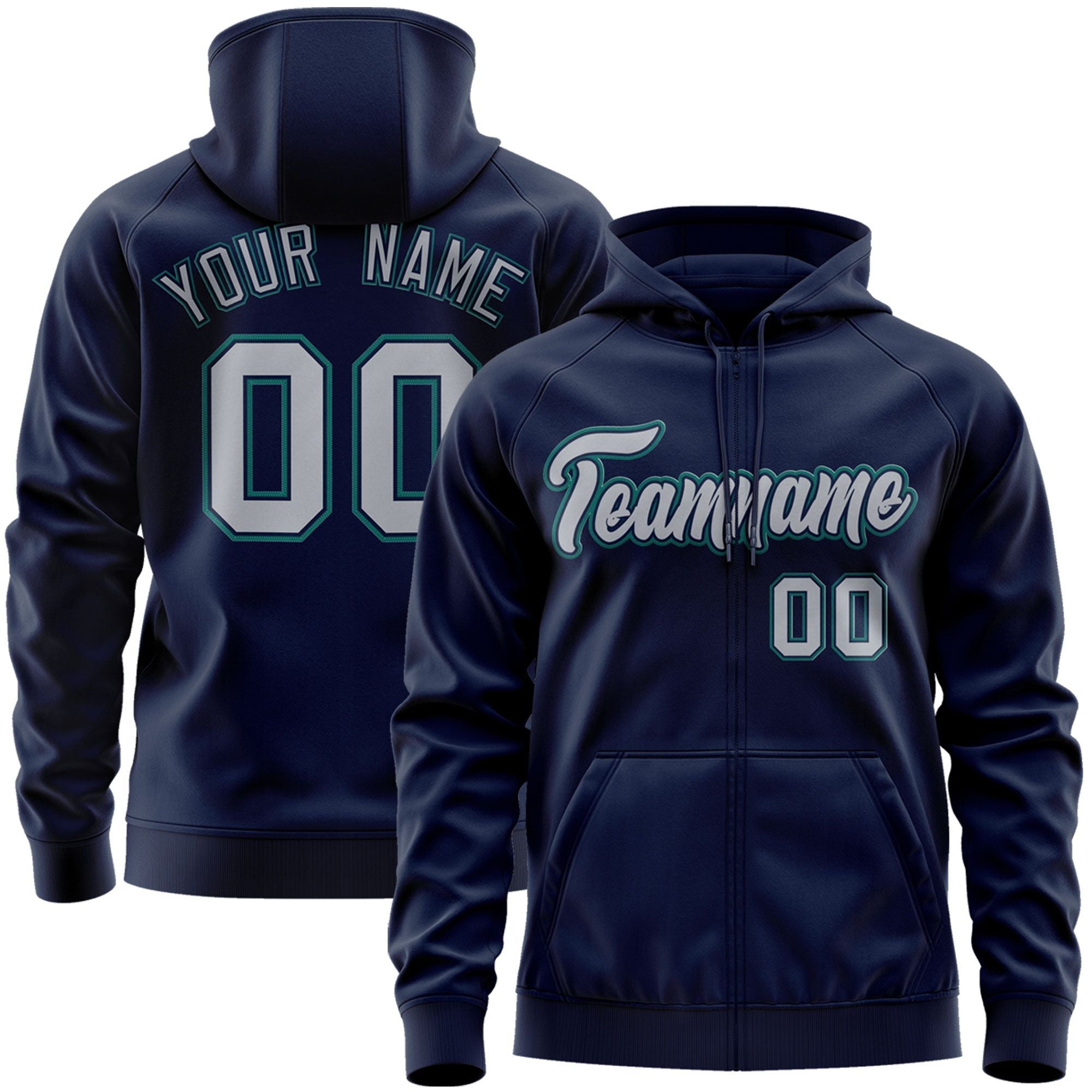 Custom Stitched Navy Gray-Aqua Sports Full-Zip Sweatshirt Hoodie