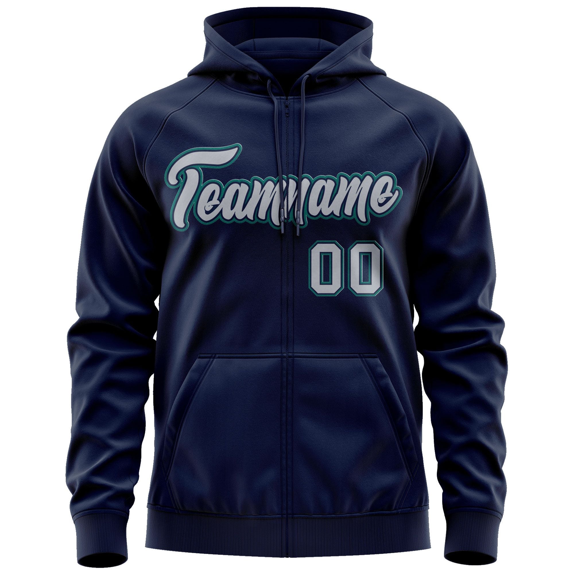 Custom Stitched Navy Gray-Aqua Sports Full-Zip Sweatshirt Hoodie