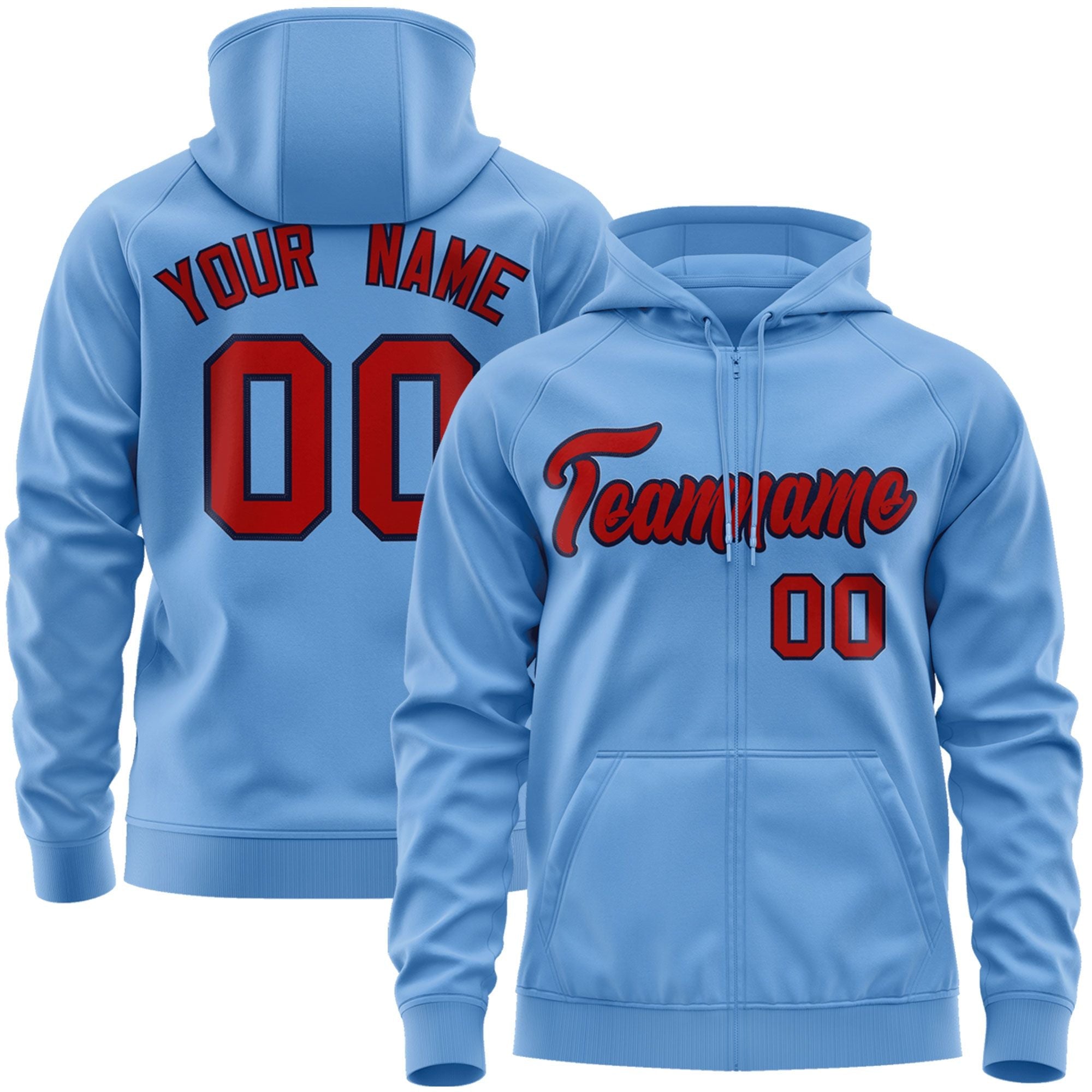 Custom Stitched Lt Blue Red-Navy Sports Full-Zip Sweatshirt Hoodie