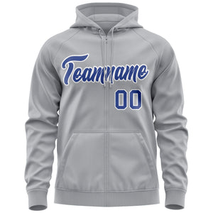 Custom Stitched Gray Royal-White Sports Full-Zip Sweatshirt Hoodie