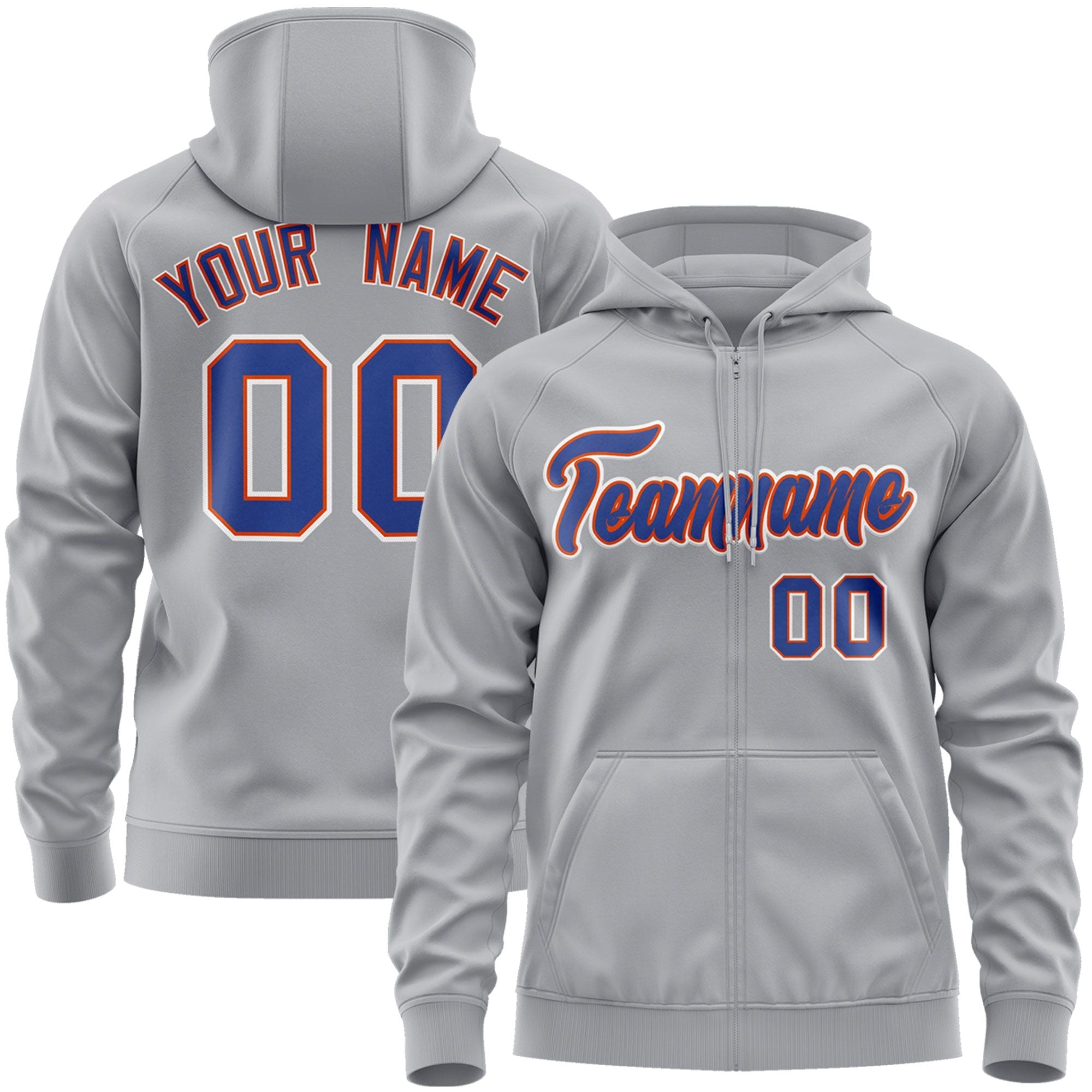 Custom Stitched Gray Royal-White Sports Full-Zip Sweatshirt Hoodie