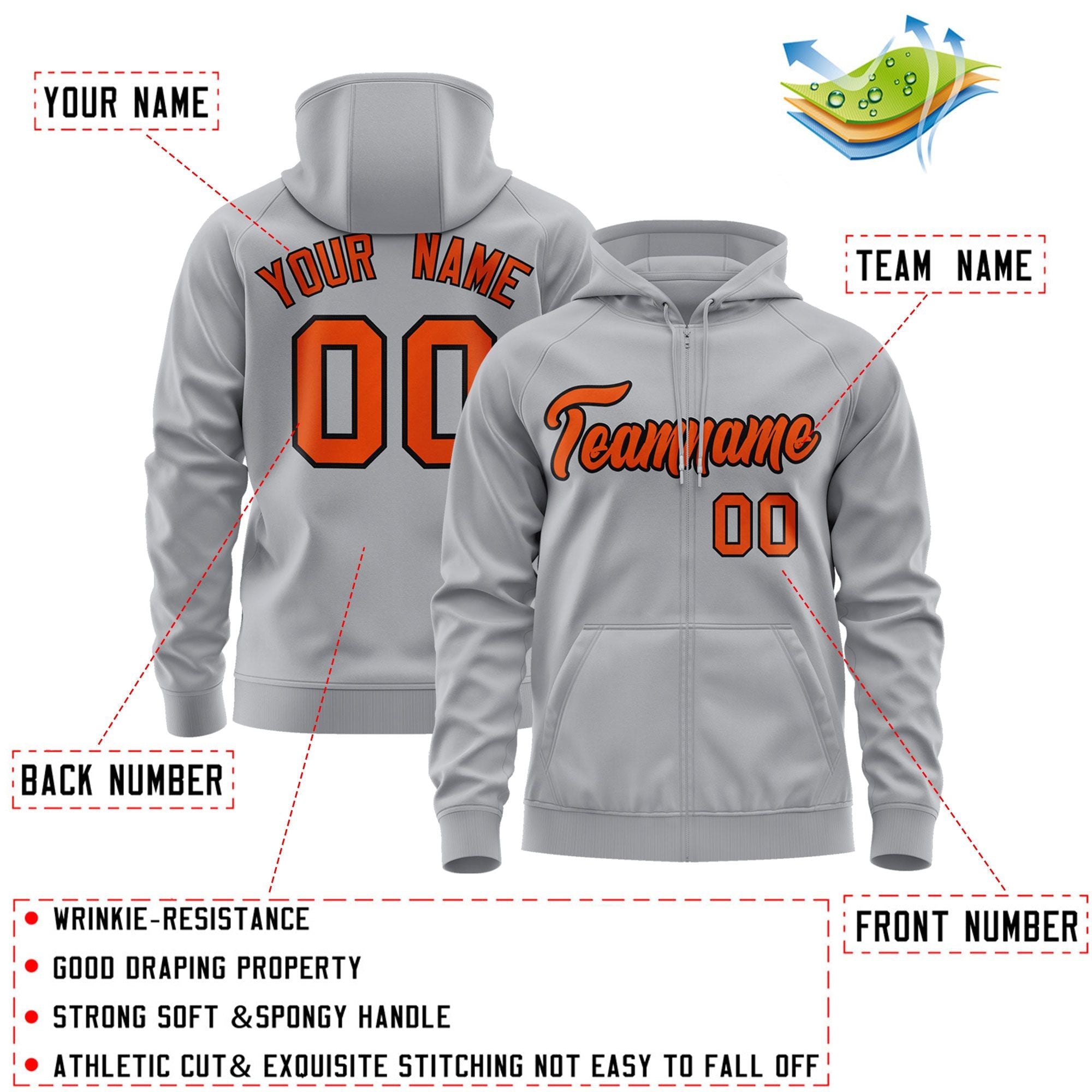 Custom Stitched Gray Orange-Black Sports Full-Zip Sweatshirt Hoodie