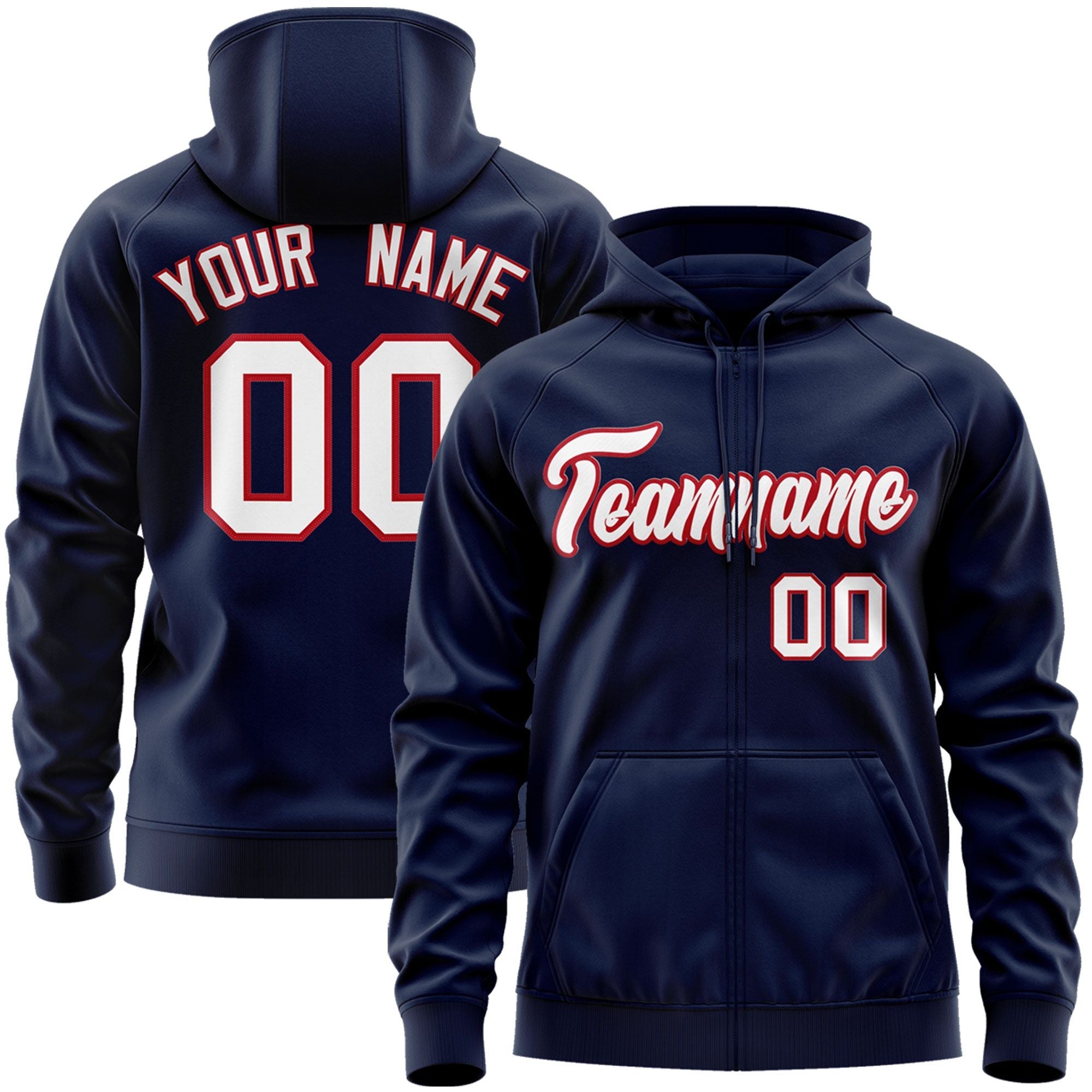 Custom Stitched Navy White-Red Sports Full-Zip Sweatshirt Hoodie