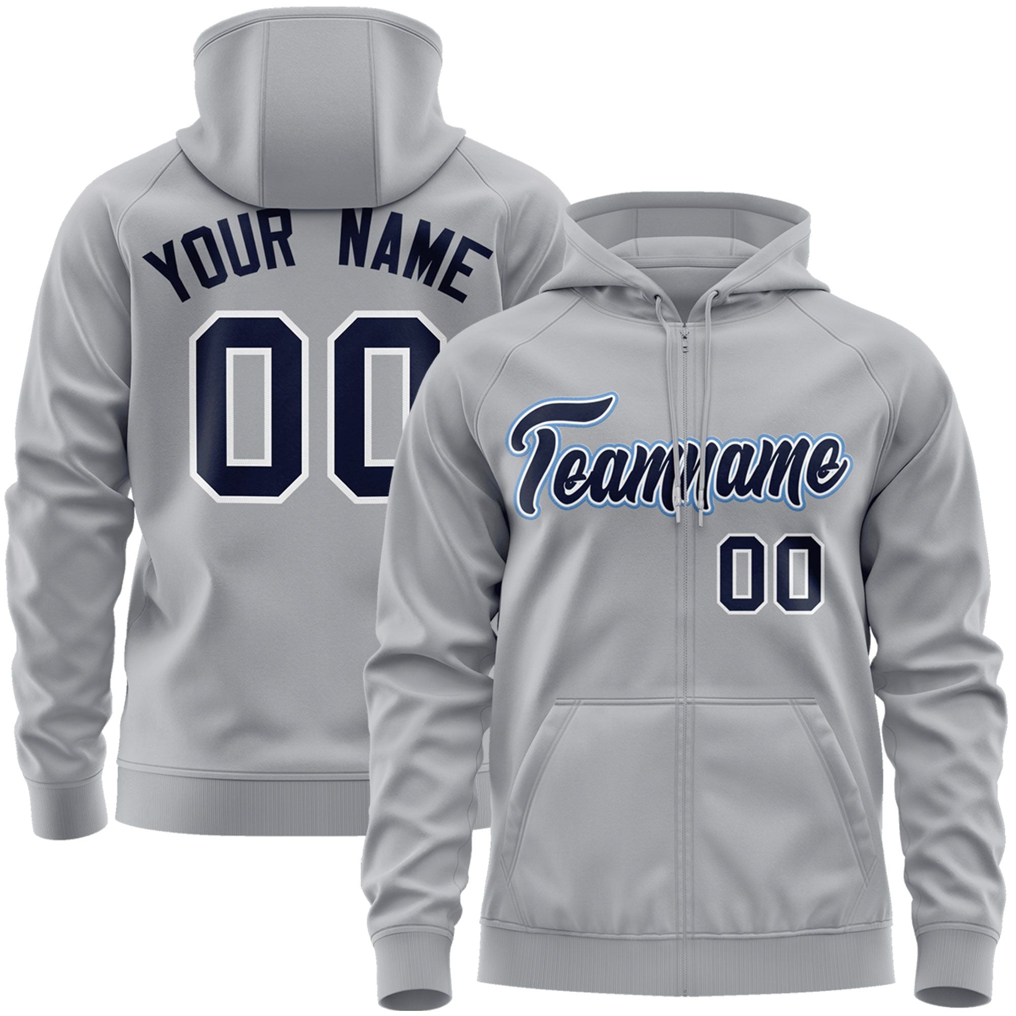 Custom Stitched Gray Navy-Light Blue Sports Full-Zip Sweatshirt Hoodie