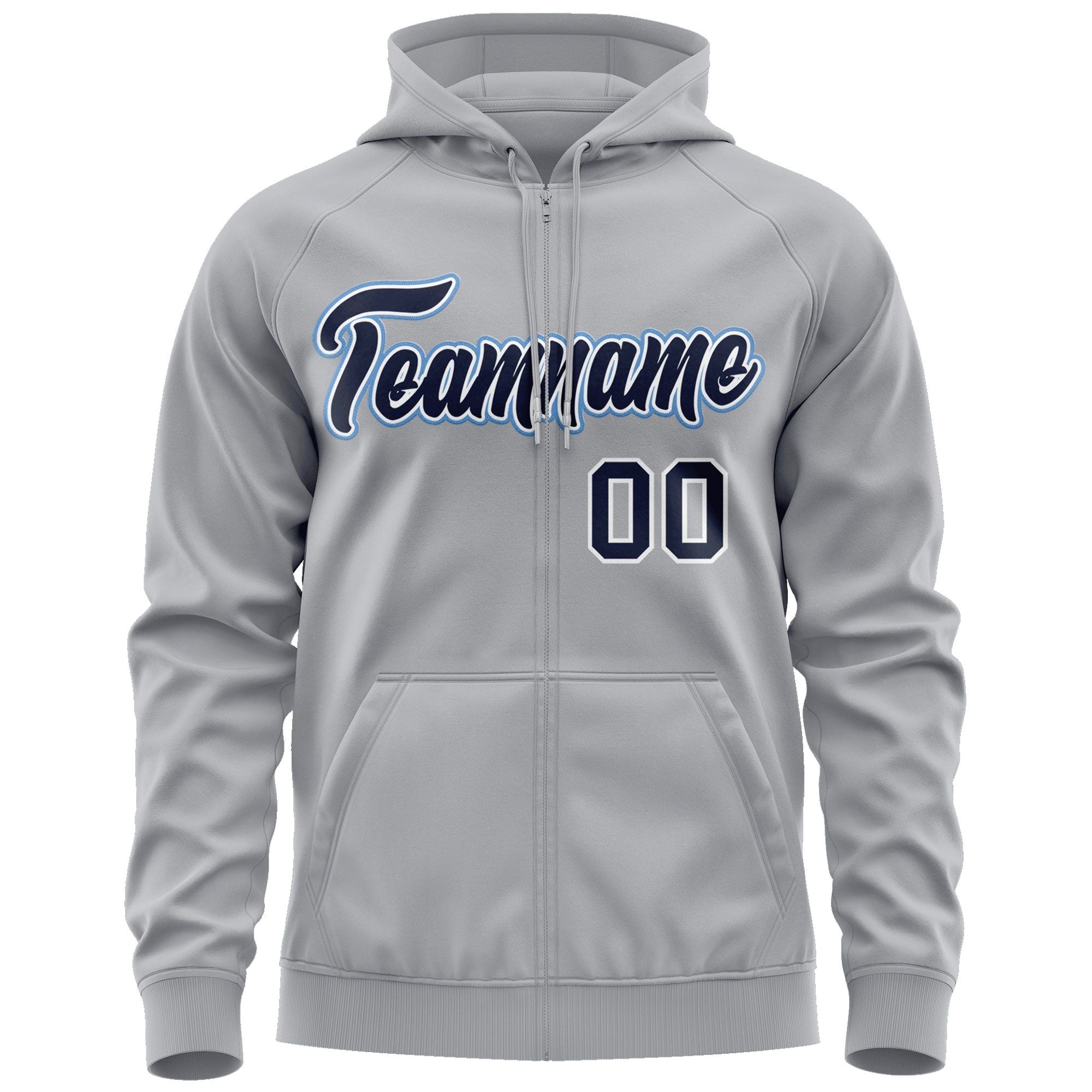 Custom Stitched Gray Navy-Light Blue Sports Full-Zip Sweatshirt Hoodie