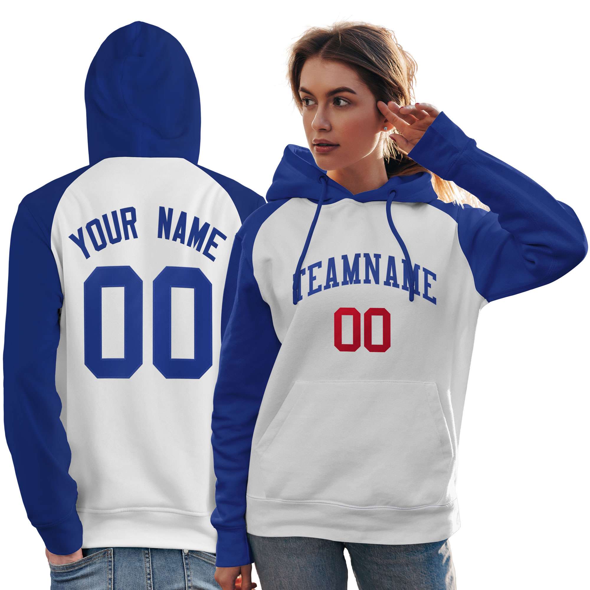 Custom Stitched White Royal Raglan Sleeves Sports Pullover Sweatshirt Hoodie For Women