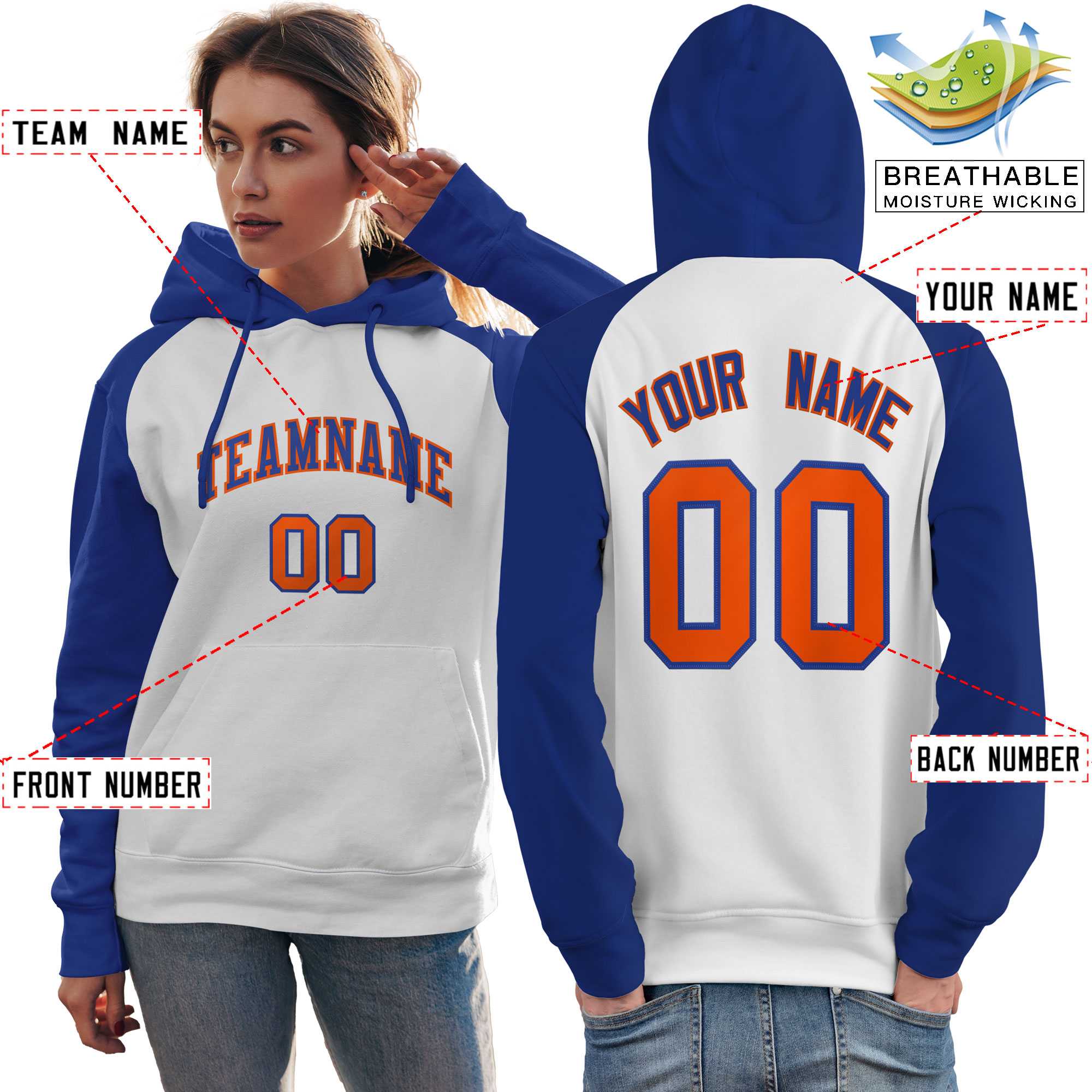 Custom Stitched White Royal Raglan Sleeves Sports Pullover Sweatshirt Hoodie For Women