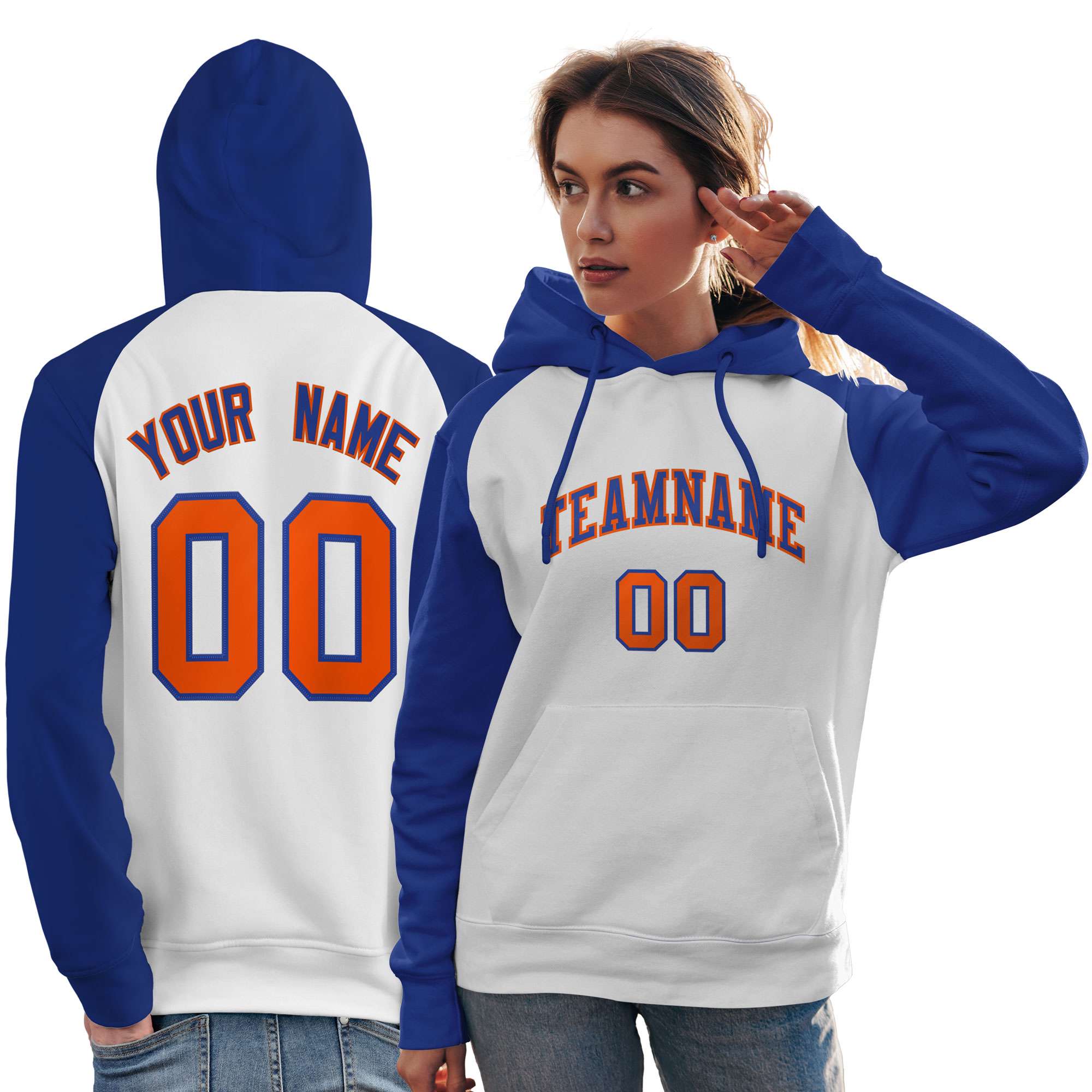 Custom Stitched White Royal Raglan Sleeves Sports Pullover Sweatshirt Hoodie For Women