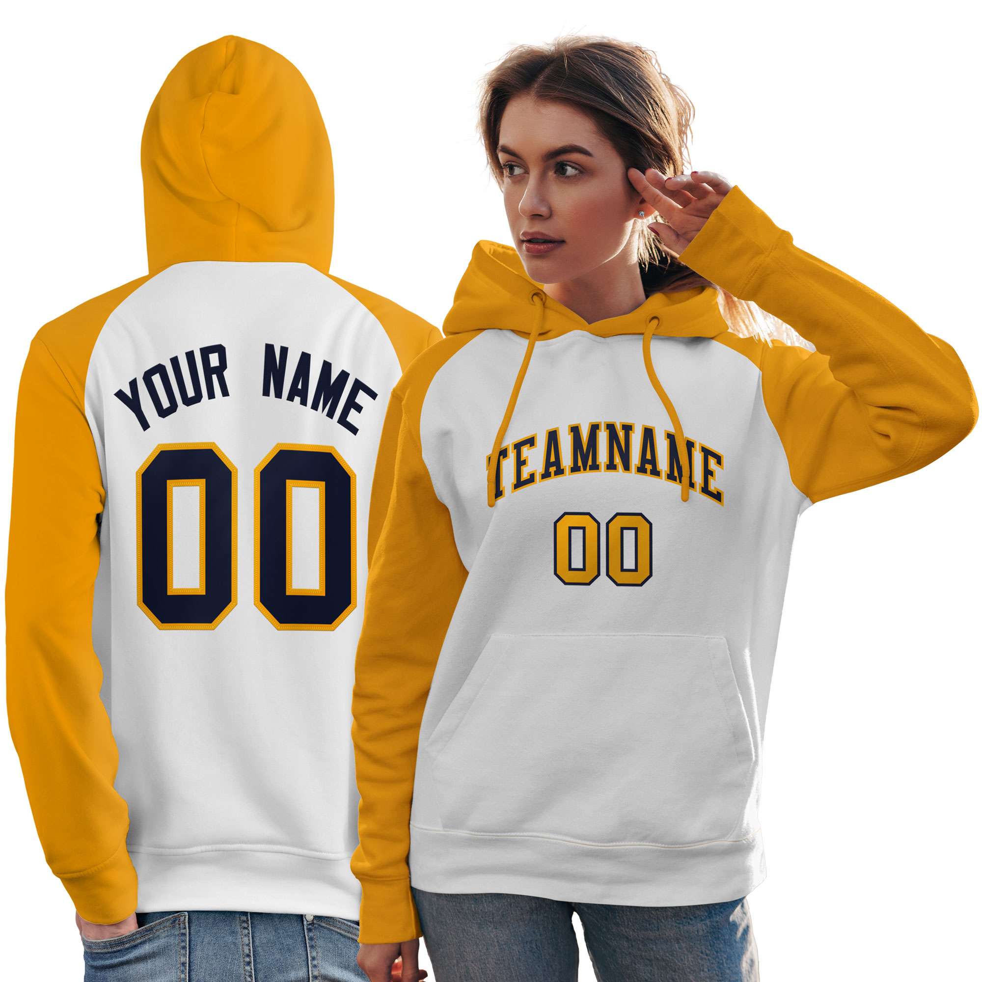 Custom Stitched White Gold-Navy Raglan Sleeves Sports Pullover Sweatshirt Hoodie For Women