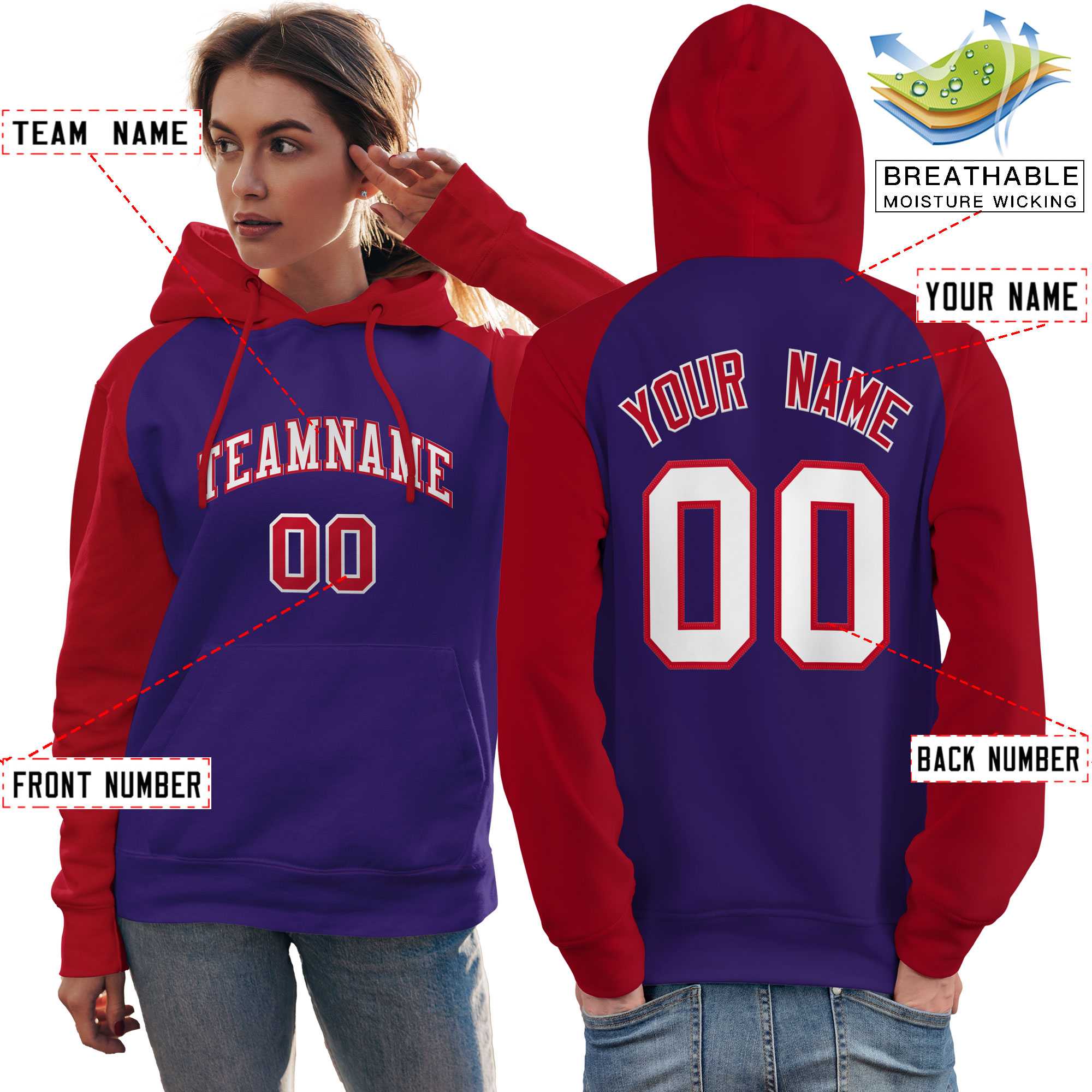 Custom Stitched Purple Red-White Raglan Sleeves Sports Pullover Sweatshirt Hoodie For Women