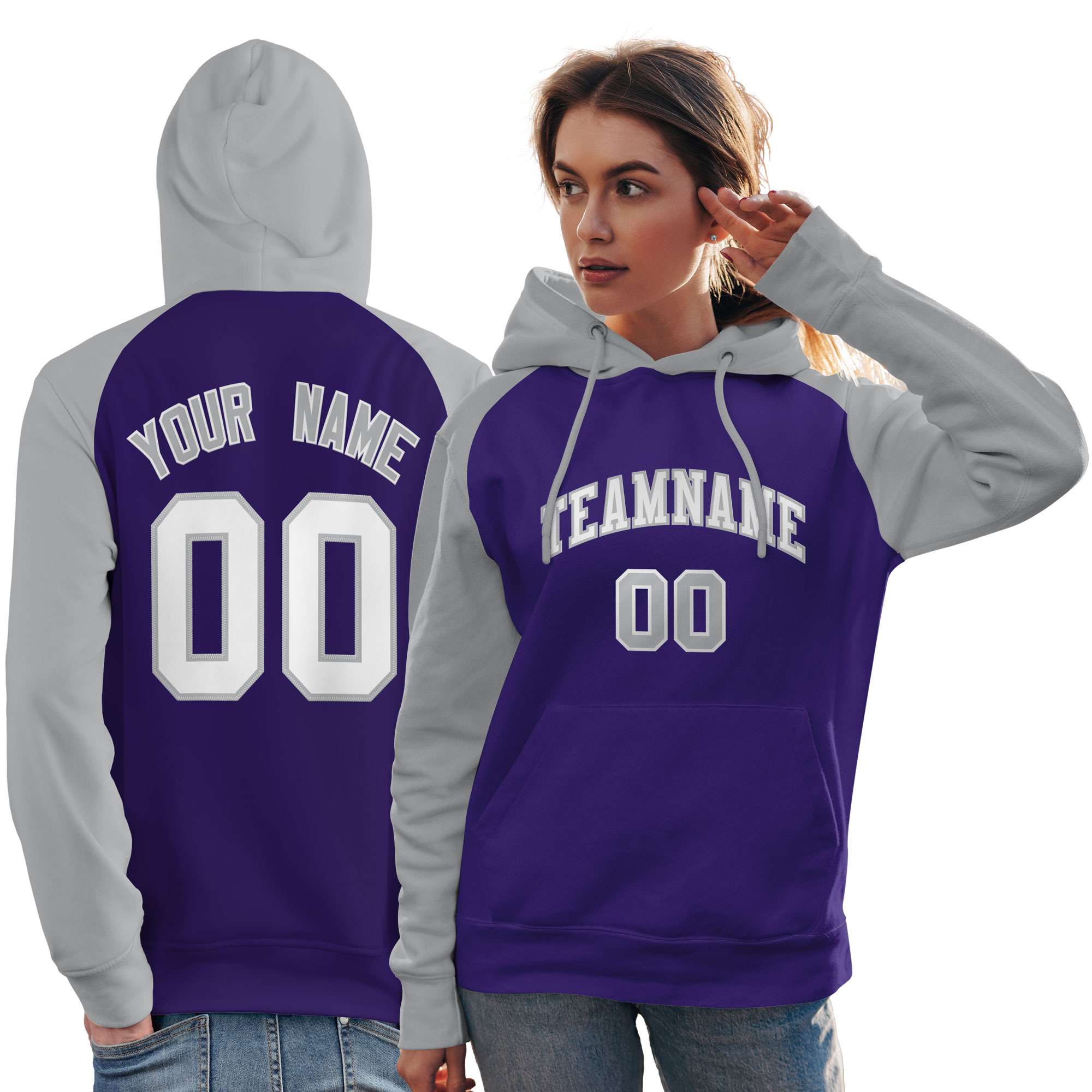 Custom Stitched Purple Gray-White Raglan Sleeves Sports Pullover Sweatshirt Hoodie For Women