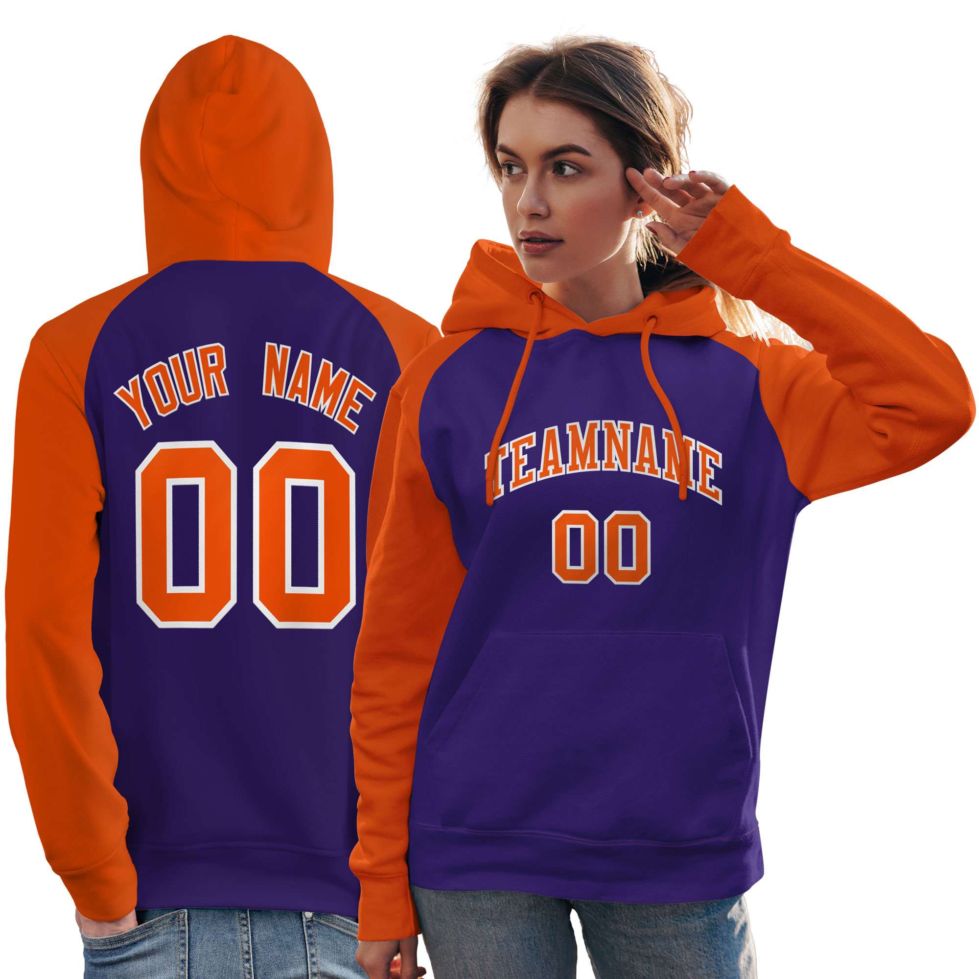 Custom Stitched Purple Orange Raglan Sleeves Sports Pullover Sweatshirt Hoodie For Women