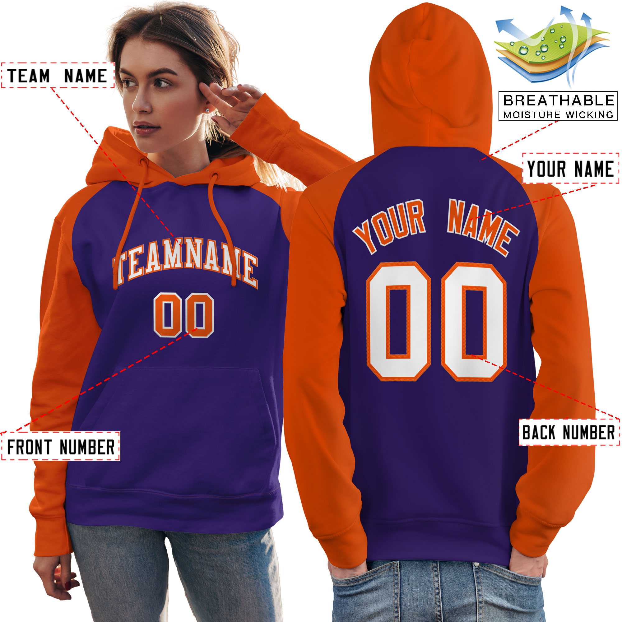 Custom Stitched Purple Orange-White Raglan Sleeves Sports Pullover Sweatshirt Hoodie For Women