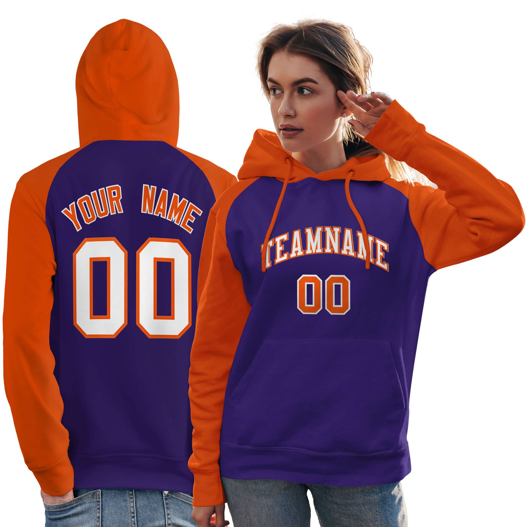 Custom Stitched Purple Orange-White Raglan Sleeves Sports Pullover Sweatshirt Hoodie For Women