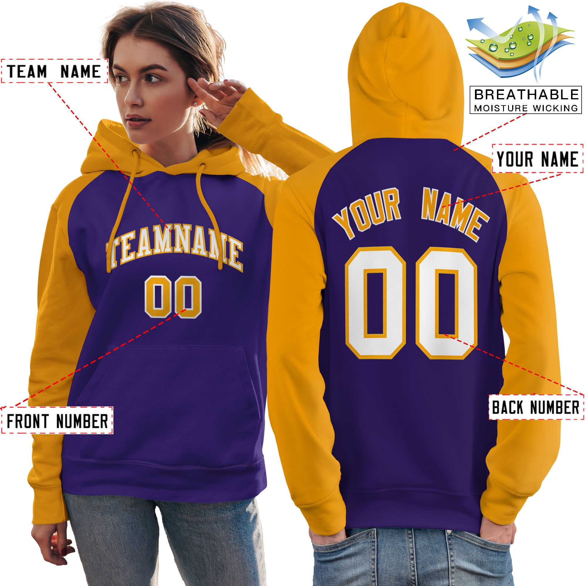 Custom Stitched Purple Gold-White Raglan Sleeves Sports Pullover Sweatshirt Hoodie For Women