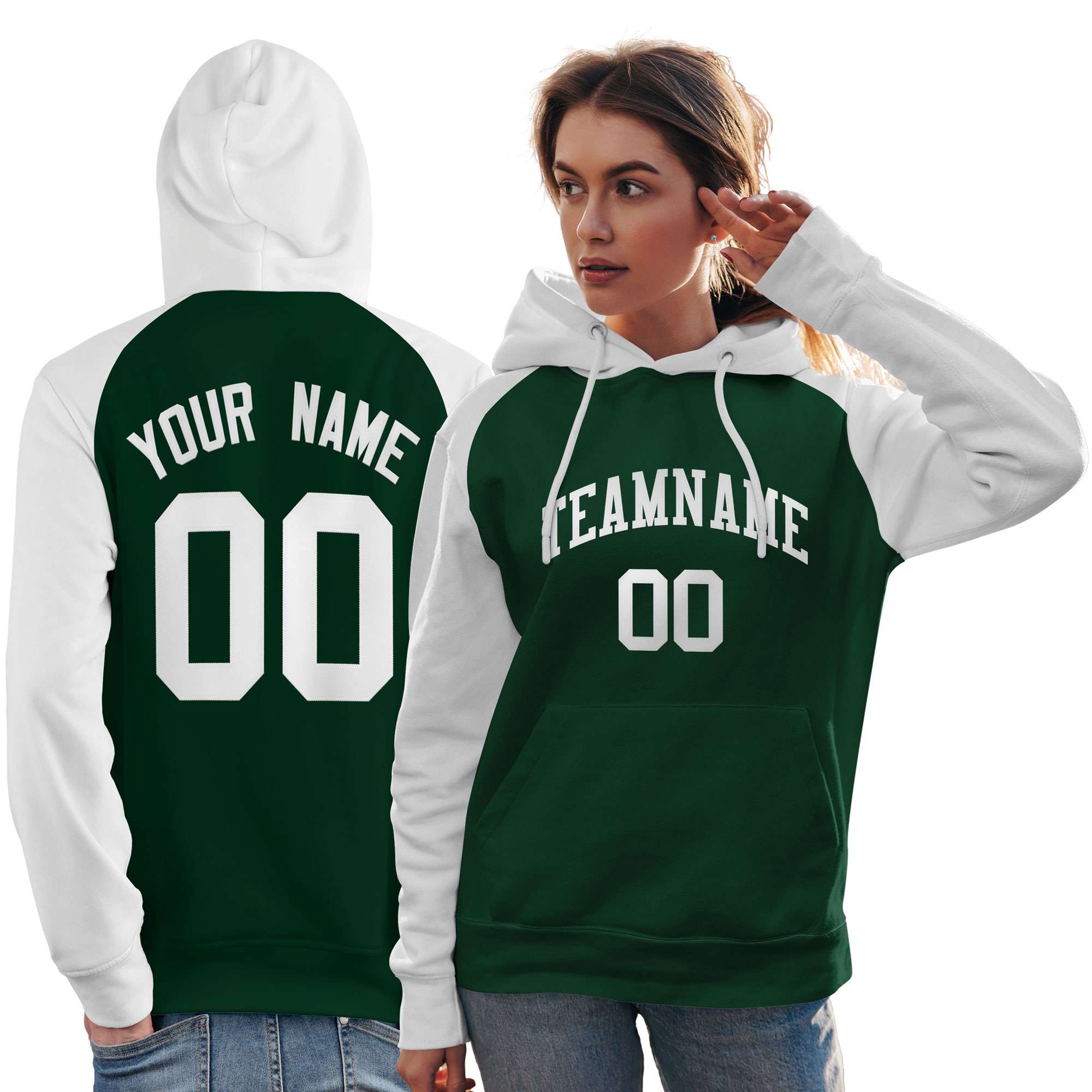 Custom Stitched Green White Raglan Sleeves Sports Pullover Sweatshirt Hoodie For Women