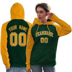 Custom Stitched Green Gold Raglan Sleeves Sports Pullover Sweatshirt Hoodie For Women