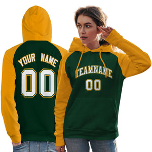 Custom Stitched Green Gold-White Raglan Sleeves Sports Pullover Sweatshirt Hoodie For Women