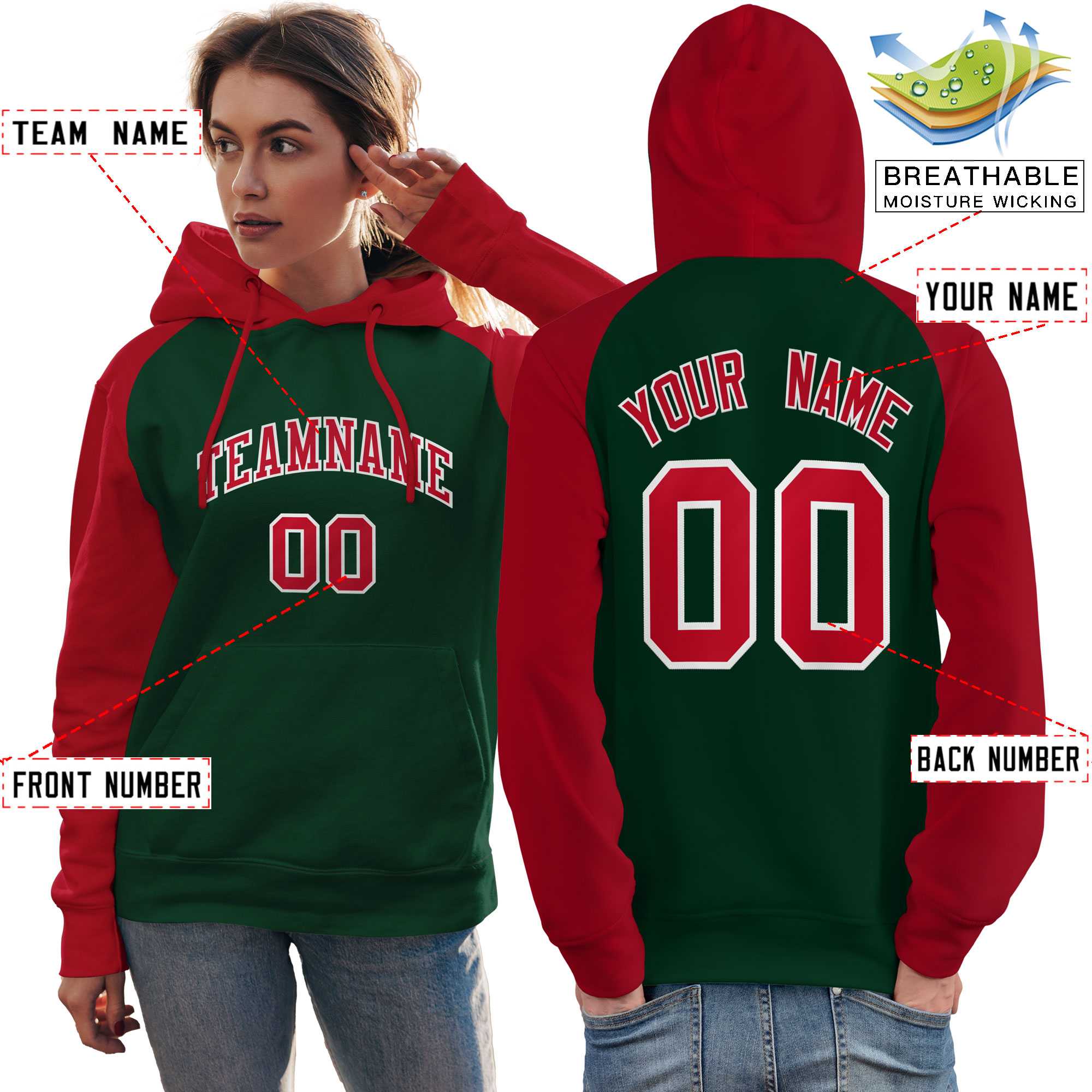 Custom Stitched Green Red Raglan Sleeves Sports Pullover Sweatshirt Hoodie For Women