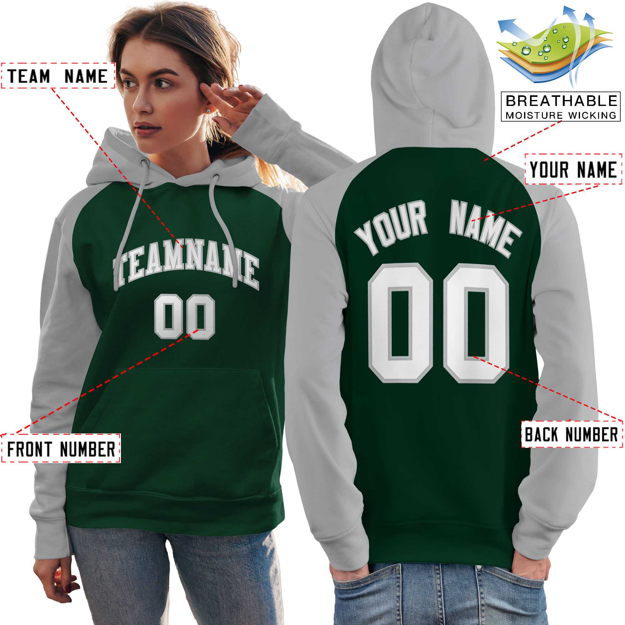 Custom Stitched Green Gray-White Raglan Sleeves Sports Pullover Sweatshirt Hoodie For Women