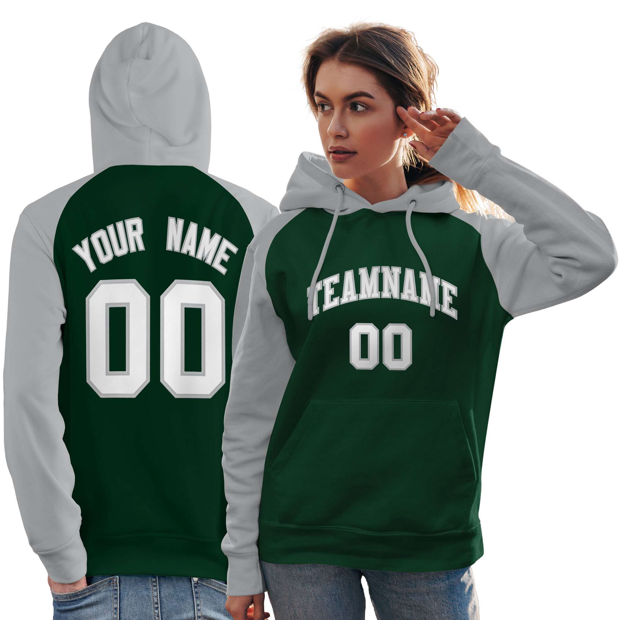 Custom Stitched Green Gray-White Raglan Sleeves Sports Pullover Sweatshirt Hoodie For Women