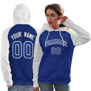 Custom Stitched Royal White Raglan Sleeves Sports Pullover Sweatshirt Hoodie For Women