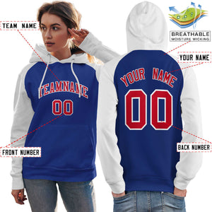 Custom Stitched Royal White-Red Raglan Sleeves Sports Pullover Sweatshirt Hoodie For Women