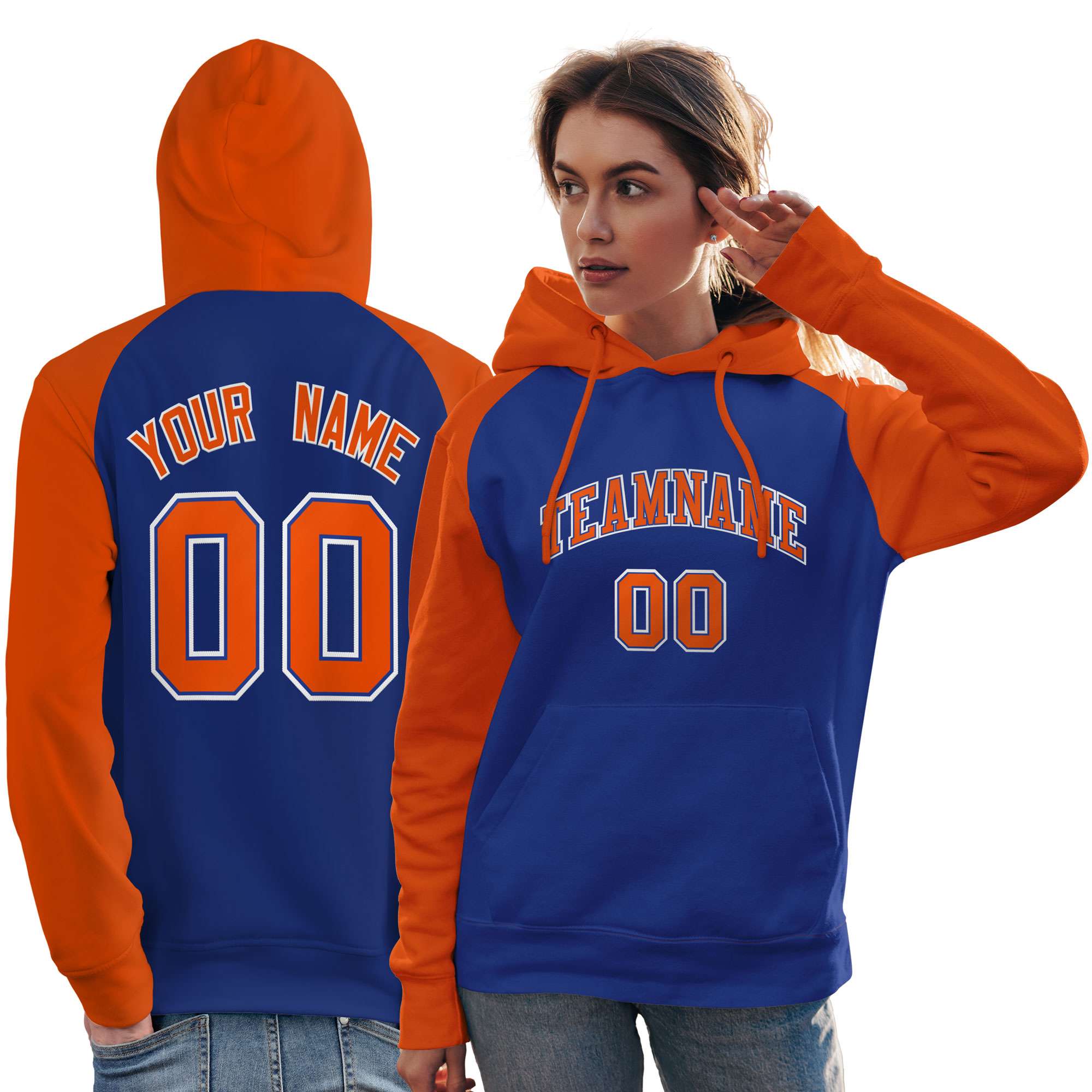 Custom Stitched Royal Orange Raglan Sleeves Sports Pullover Sweatshirt Hoodie For Women