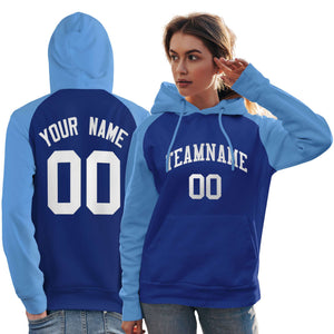 Custom Stitched Royal Powder Blue-White Raglan Sleeves Sports Pullover Sweatshirt Hoodie For Women