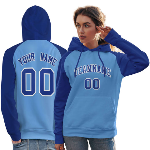 Custom Stitched Powder Blue Royal Raglan Sleeves Sports Pullover Sweatshirt Hoodie For Women