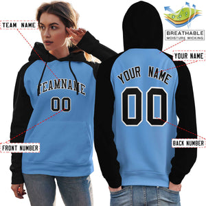 Custom Stitched Powder Blue Black Raglan Sleeves Sports Pullover Sweatshirt Hoodie For Women