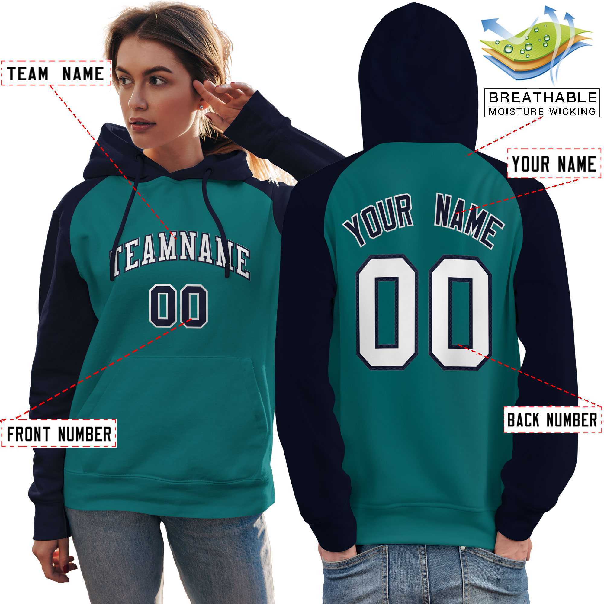 Custom Stitched Aqua Navy-White Raglan Sleeves Sports Pullover Sweatshirt Hoodie For Women