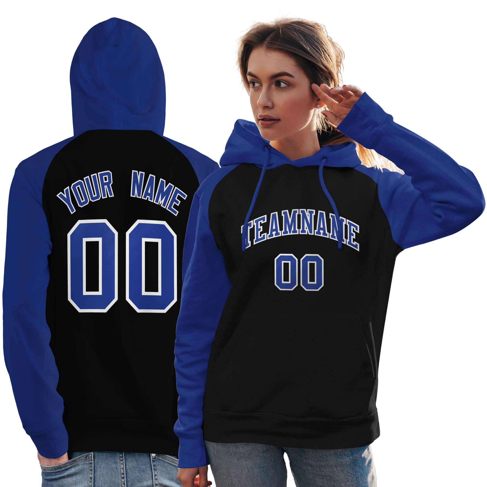 Custom Stitched Black Royal Raglan Sleeves Sports Pullover Sweatshirt Hoodie For Women