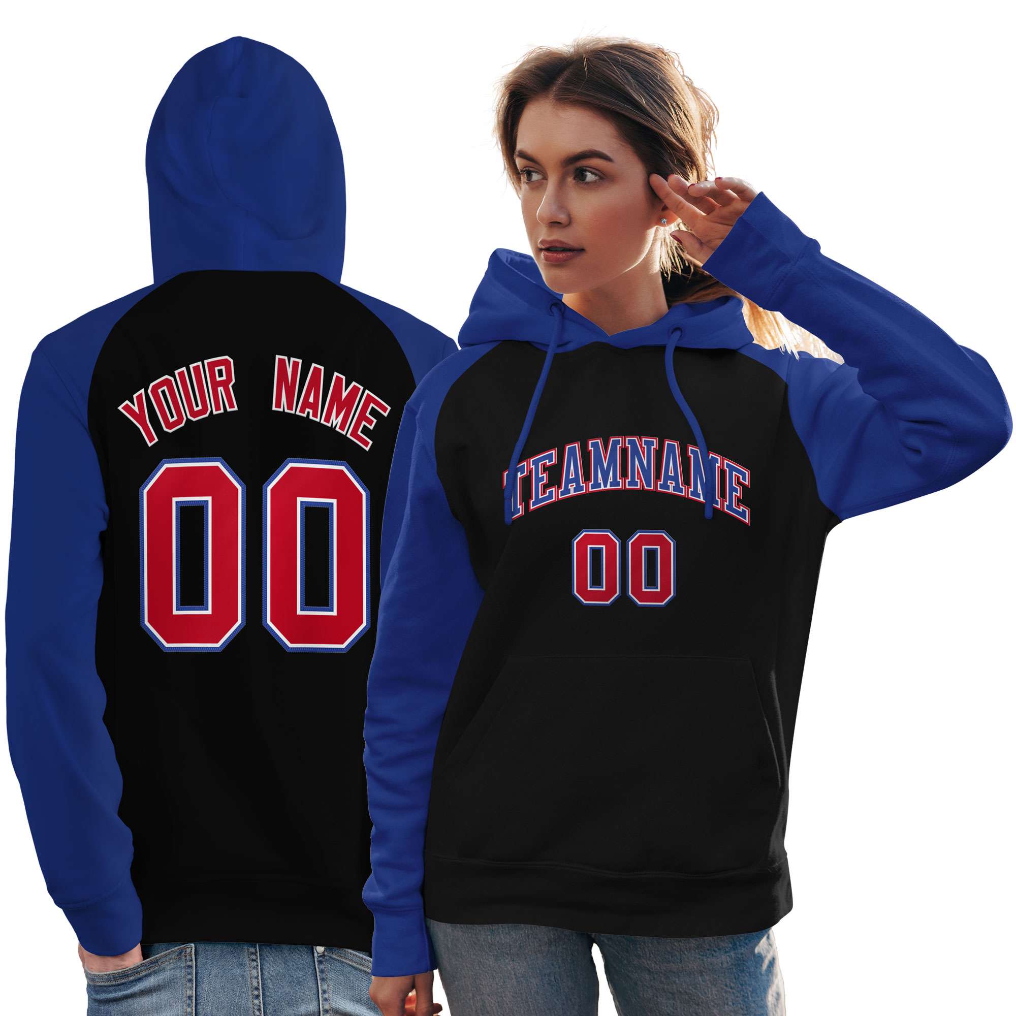 Custom Stitched Black Royal Raglan Sleeves Sports Pullover Sweatshirt Hoodie For Women