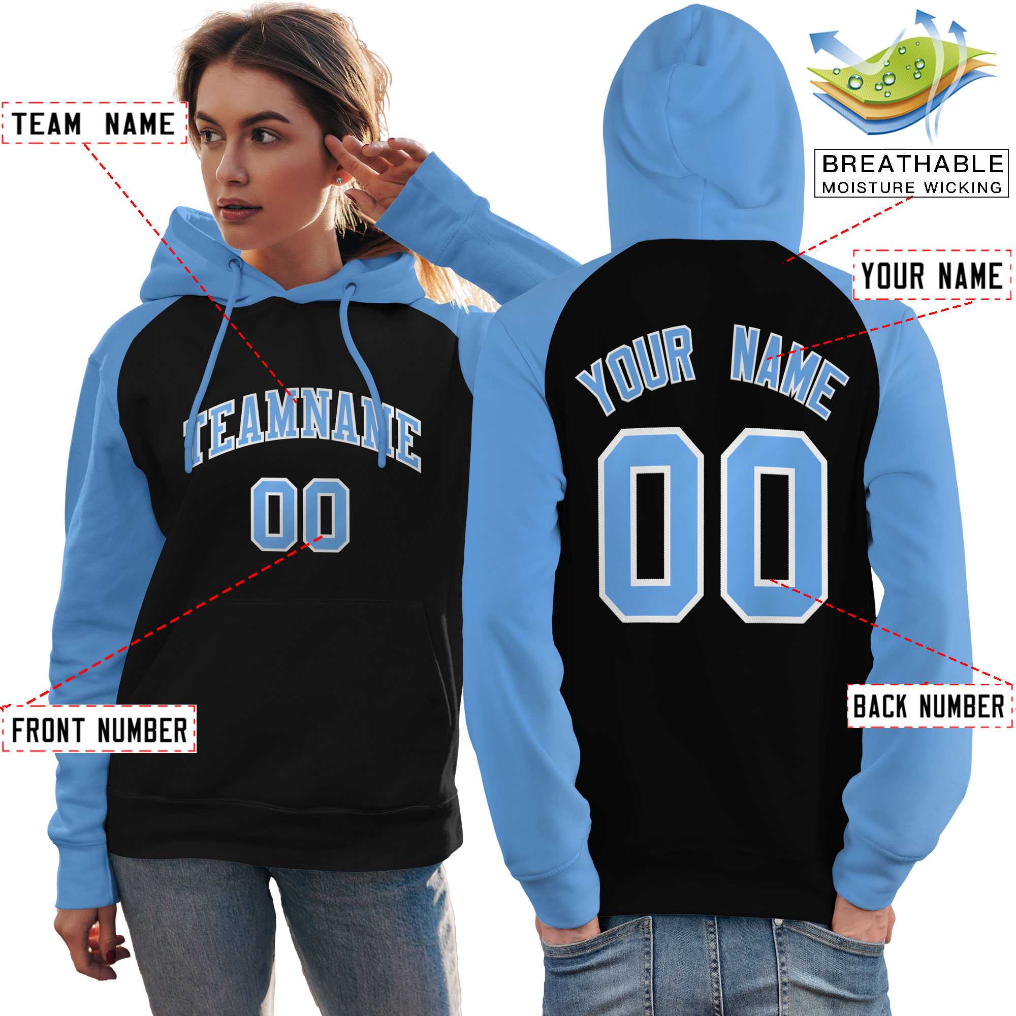 Custom Stitched Black Powder Blue Raglan Sleeves Sports Pullover Sweatshirt Hoodie For Women