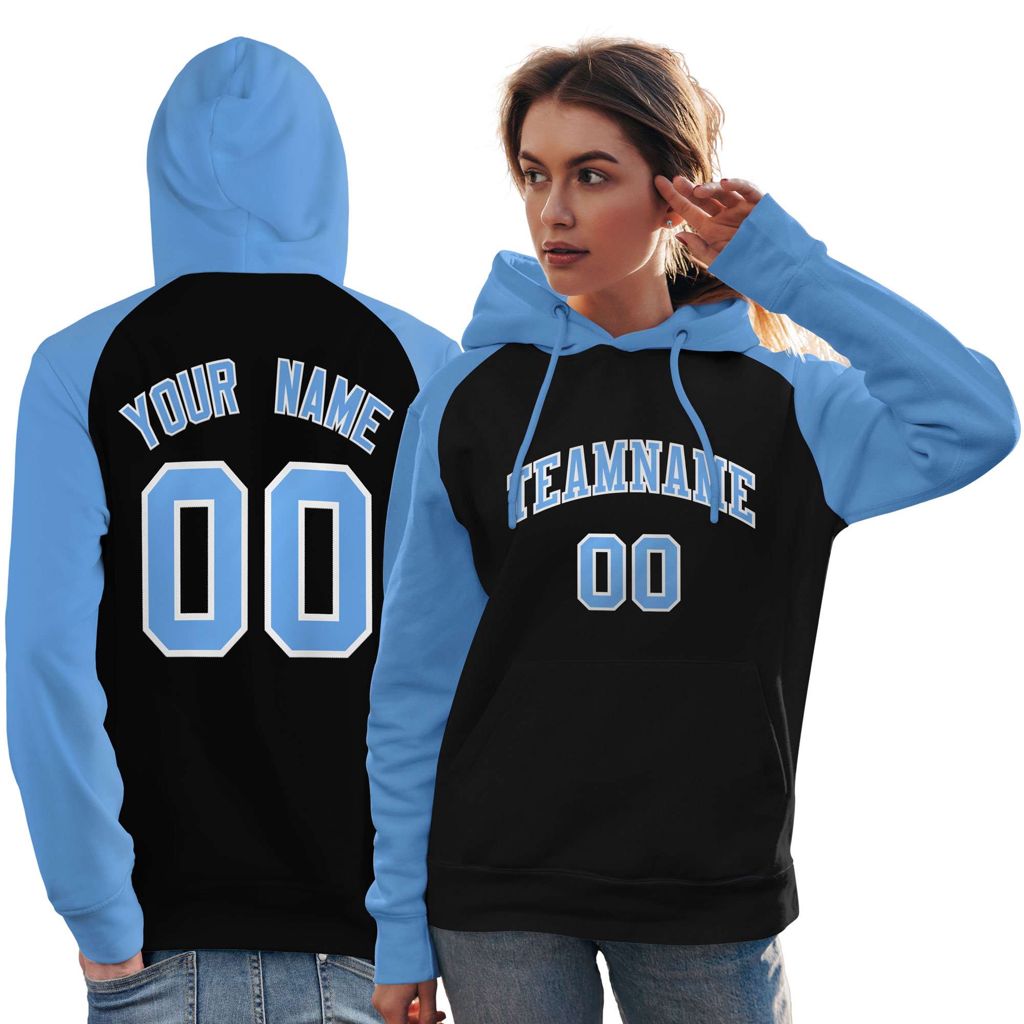 Custom Stitched Black Powder Blue Raglan Sleeves Sports Pullover Sweatshirt Hoodie For Women