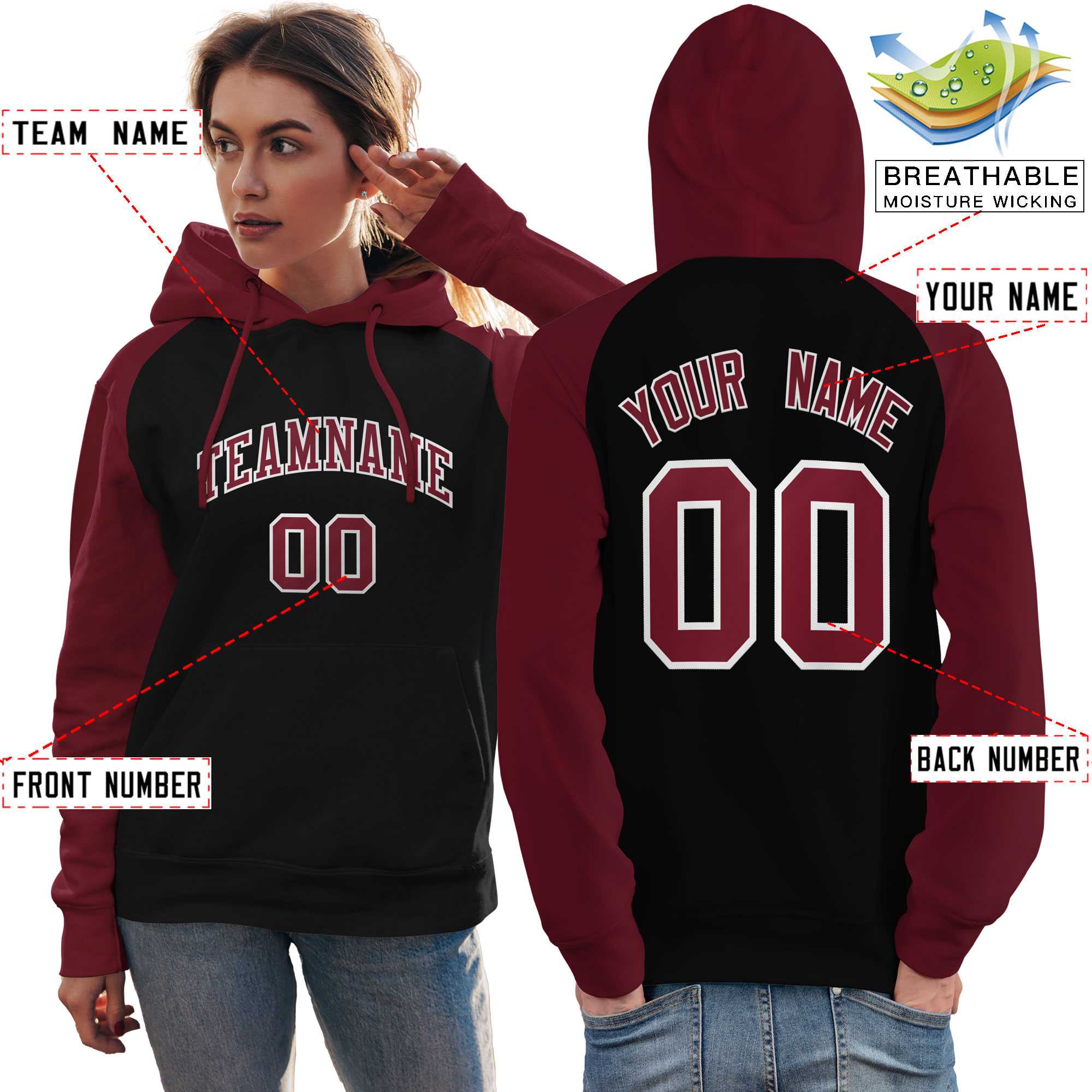 Custom Stitched Black Crimson Raglan Sleeves Sports Pullover Sweatshirt Hoodie For Women