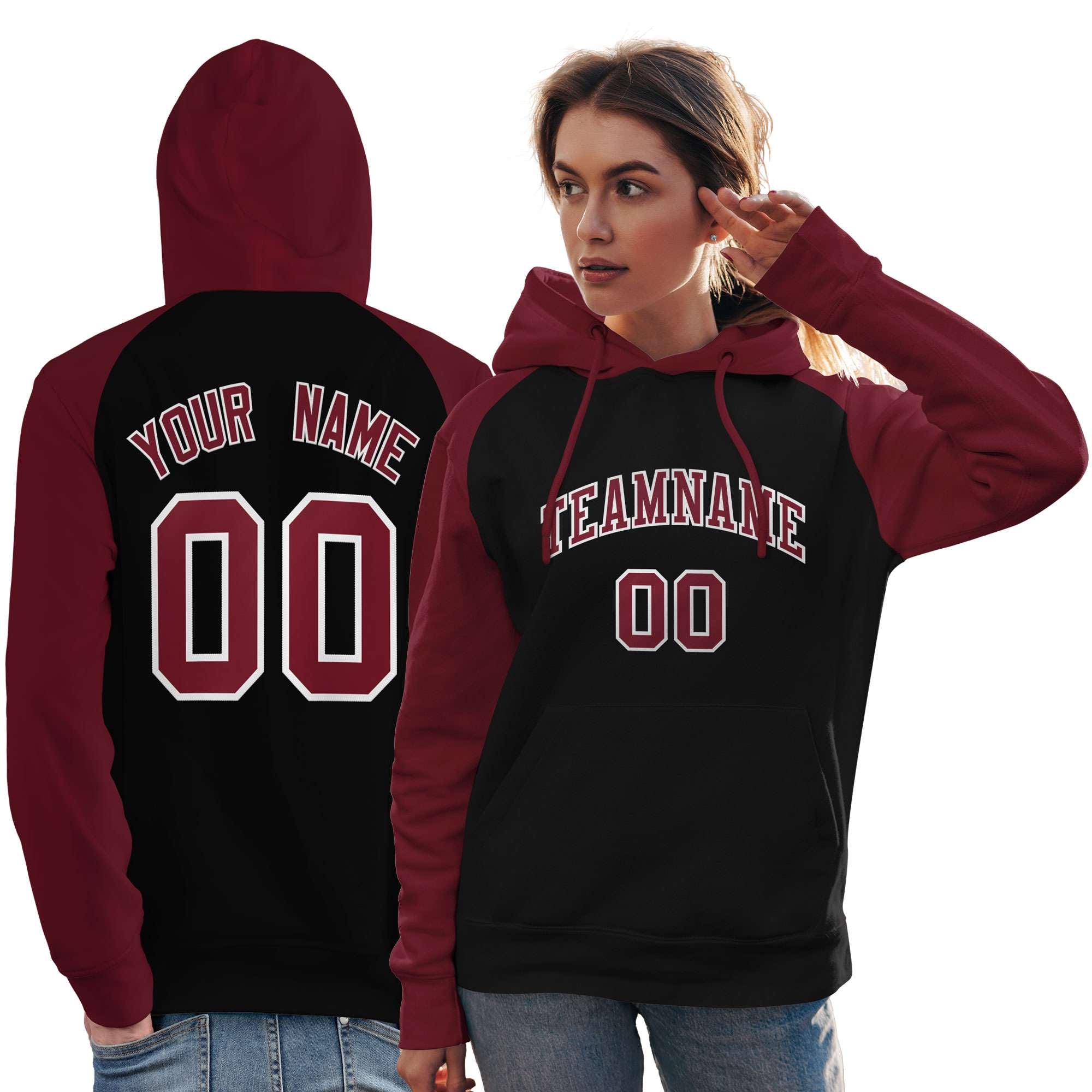 Custom Stitched Black Crimson Raglan Sleeves Sports Pullover Sweatshirt Hoodie For Women