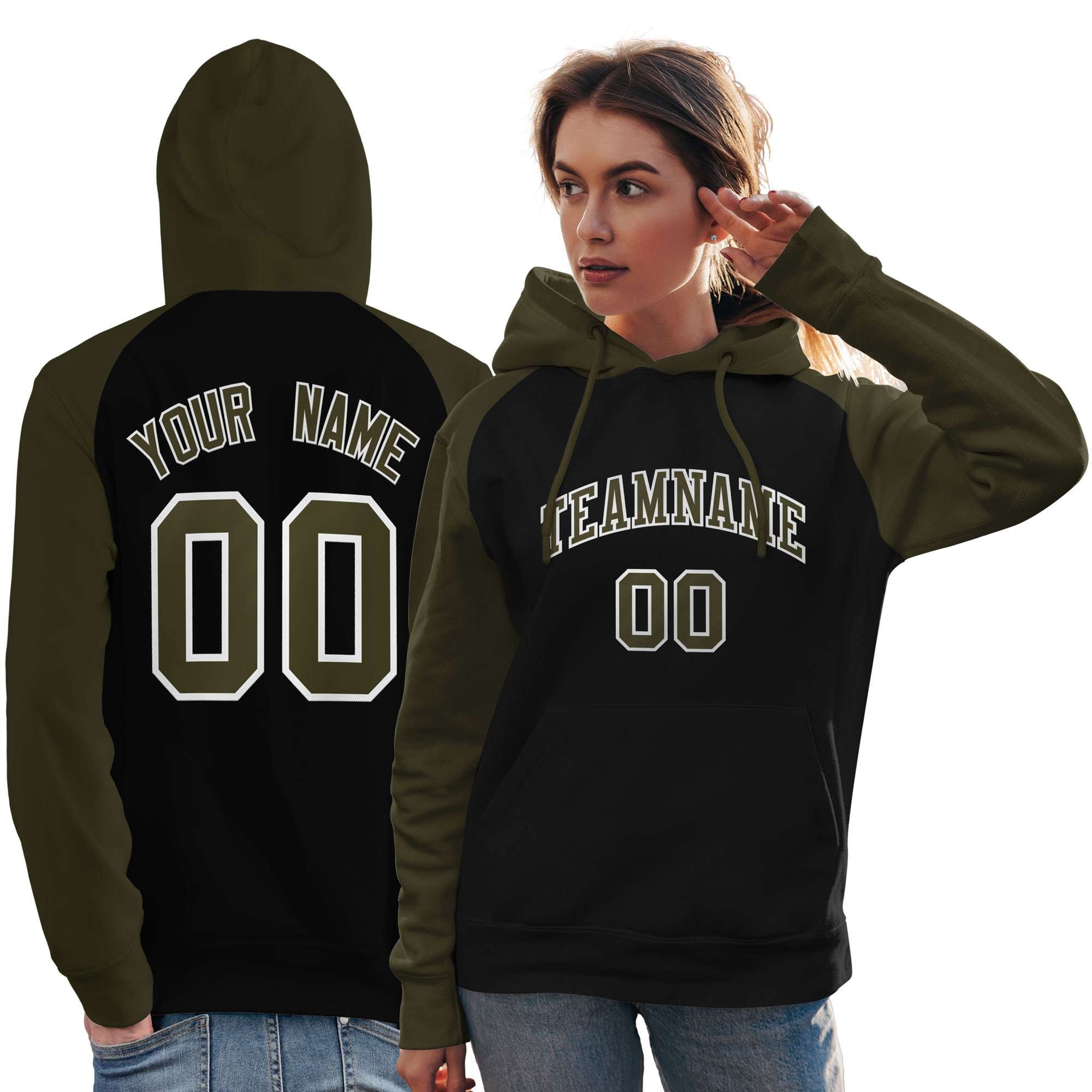 Custom Stitched Black Olive Raglan Sleeves Sports Pullover Sweatshirt Hoodie For Women