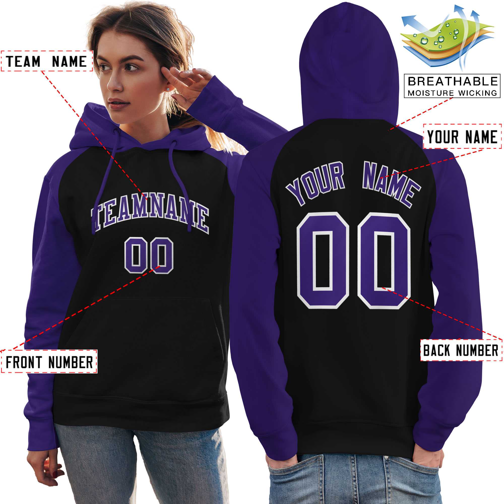 Custom Stitched Black Purple Raglan Sleeves Sports Pullover Sweatshirt Hoodie For Women