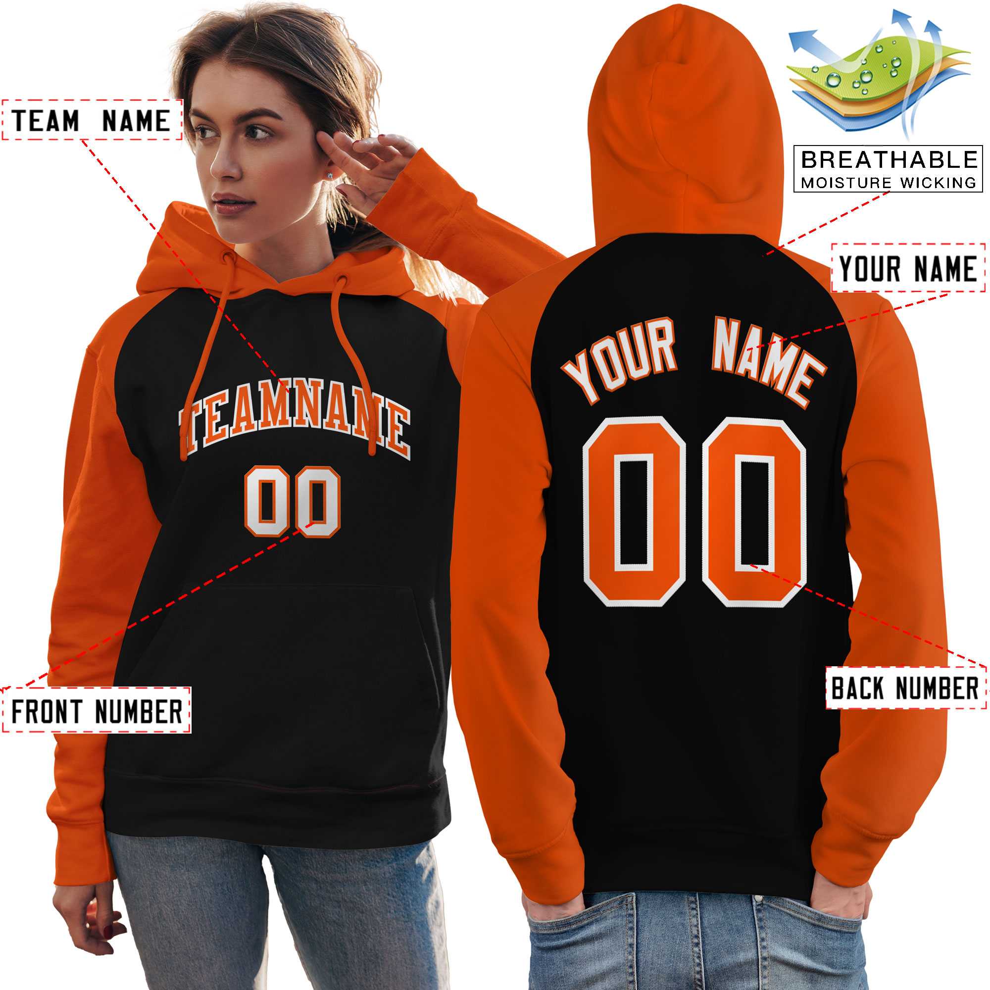 Custom Stitched Black Orange Raglan Sleeves Sports Pullover Sweatshirt Hoodie For Women