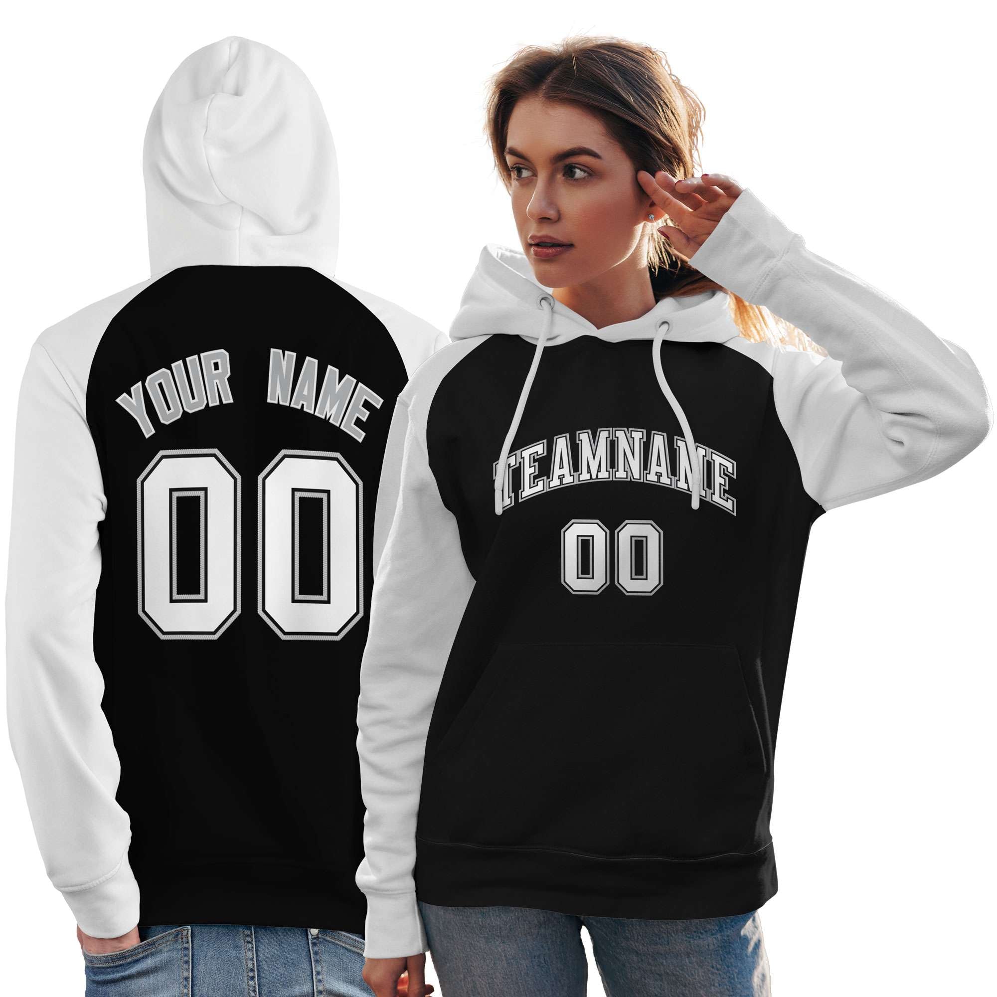 Custom Stitched Black White Raglan Sleeves Sports Pullover Sweatshirt Hoodie For Women