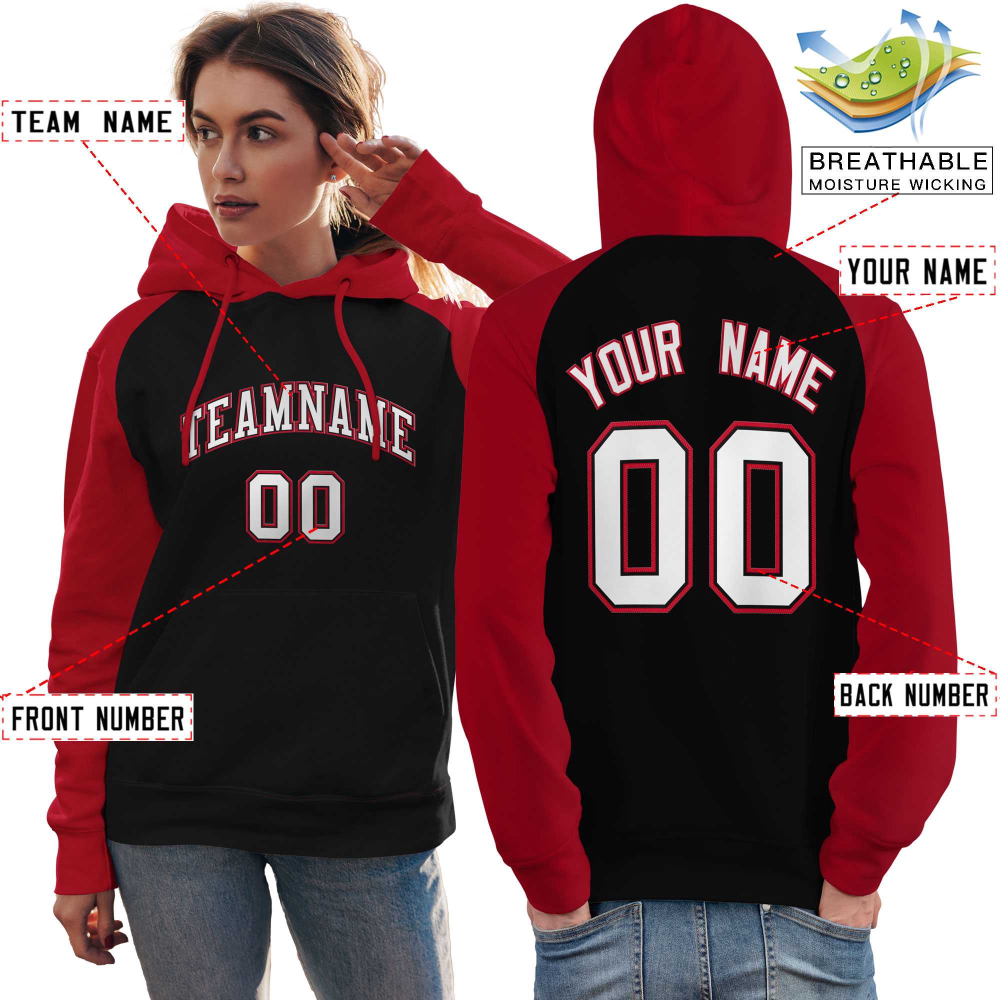 Custom Stitched Black Red-White Raglan Sleeves Sports Pullover Sweatshirt Hoodie For Women