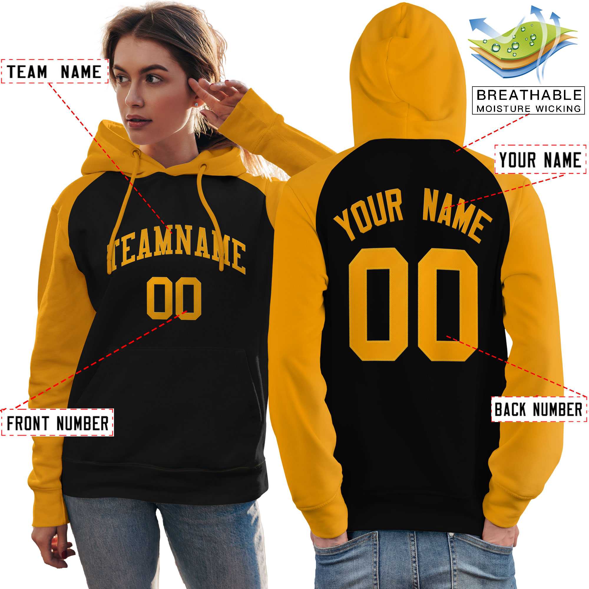 Custom Stitched Black Gold Raglan Sleeves Sports Pullover Sweatshirt Hoodie For Women