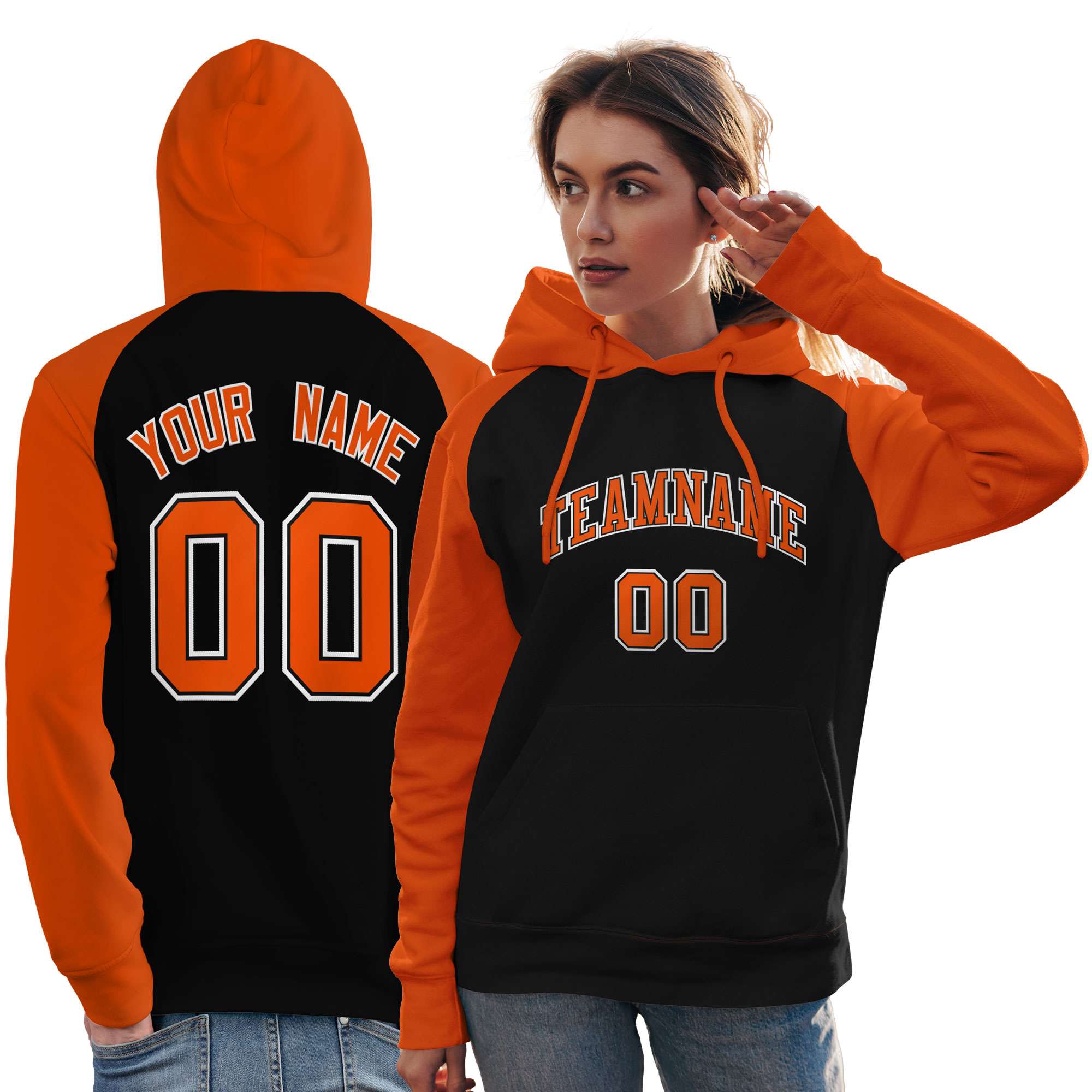 Custom Stitched Black Orange Raglan Sleeves Sports Pullover Sweatshirt Hoodie For Women