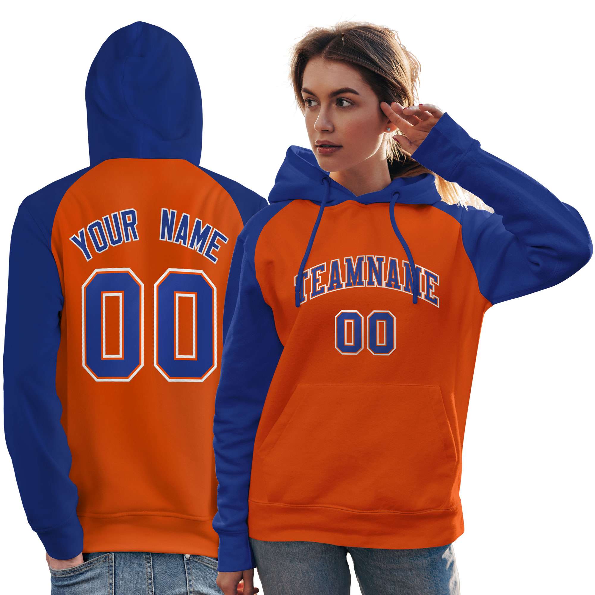 Custom Stitched Orange Royal Raglan Sleeves Sports Pullover Sweatshirt Hoodie For Women