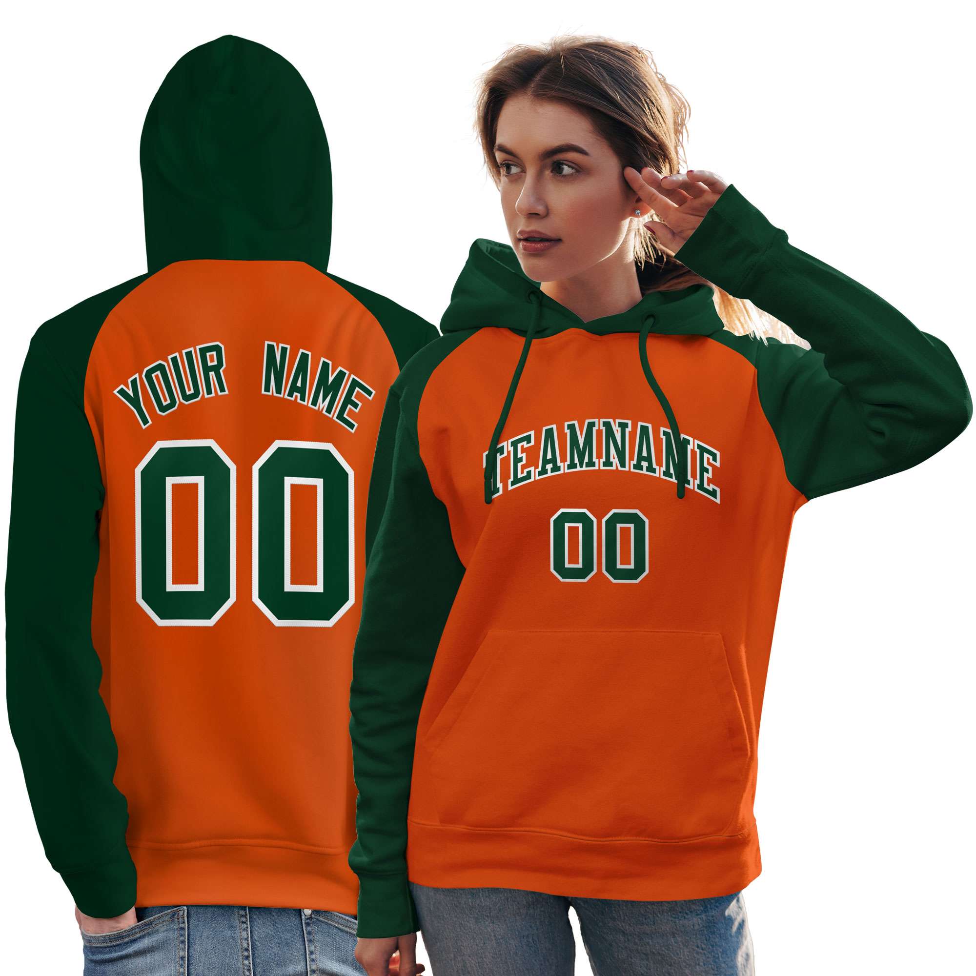 Custom Stitched Orange Green Raglan Sleeves Sports Pullover Sweatshirt Hoodie For Women