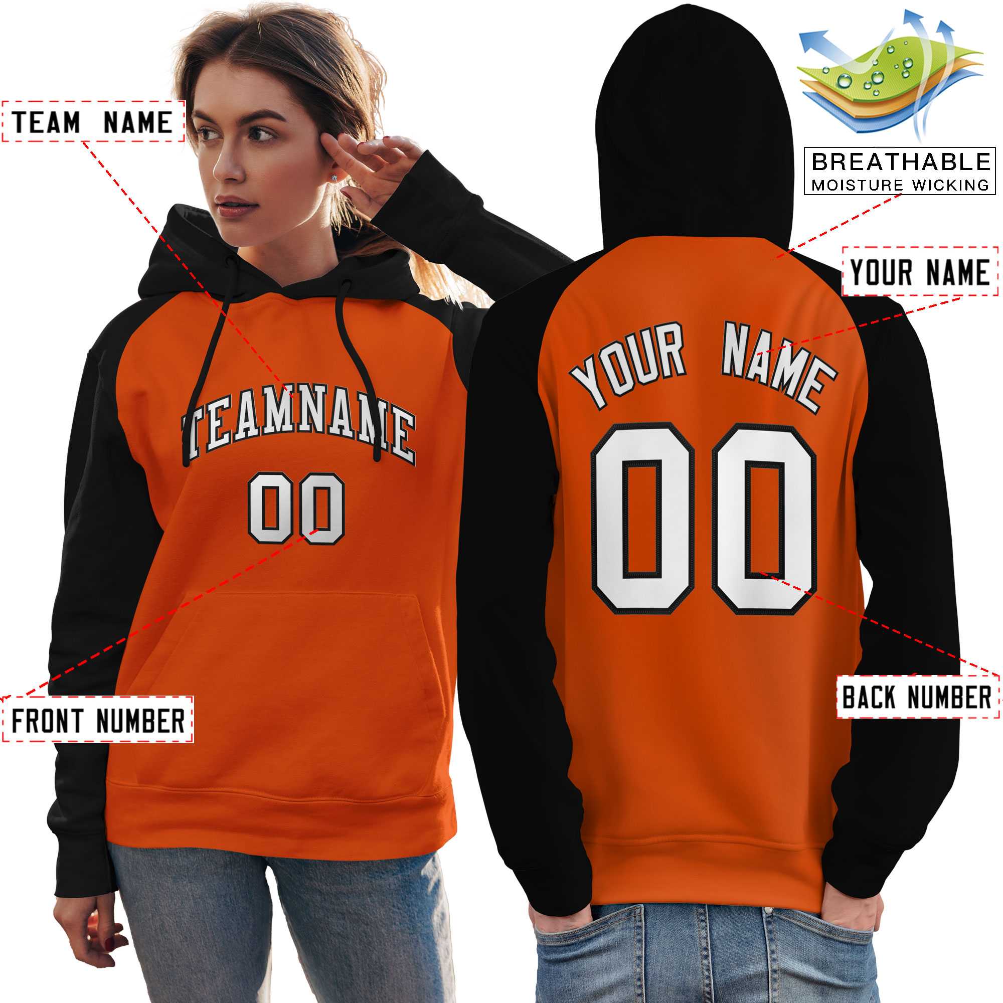 Custom Stitched Orange Black-White Raglan Sleeves Sports Pullover Sweatshirt Hoodie For Women