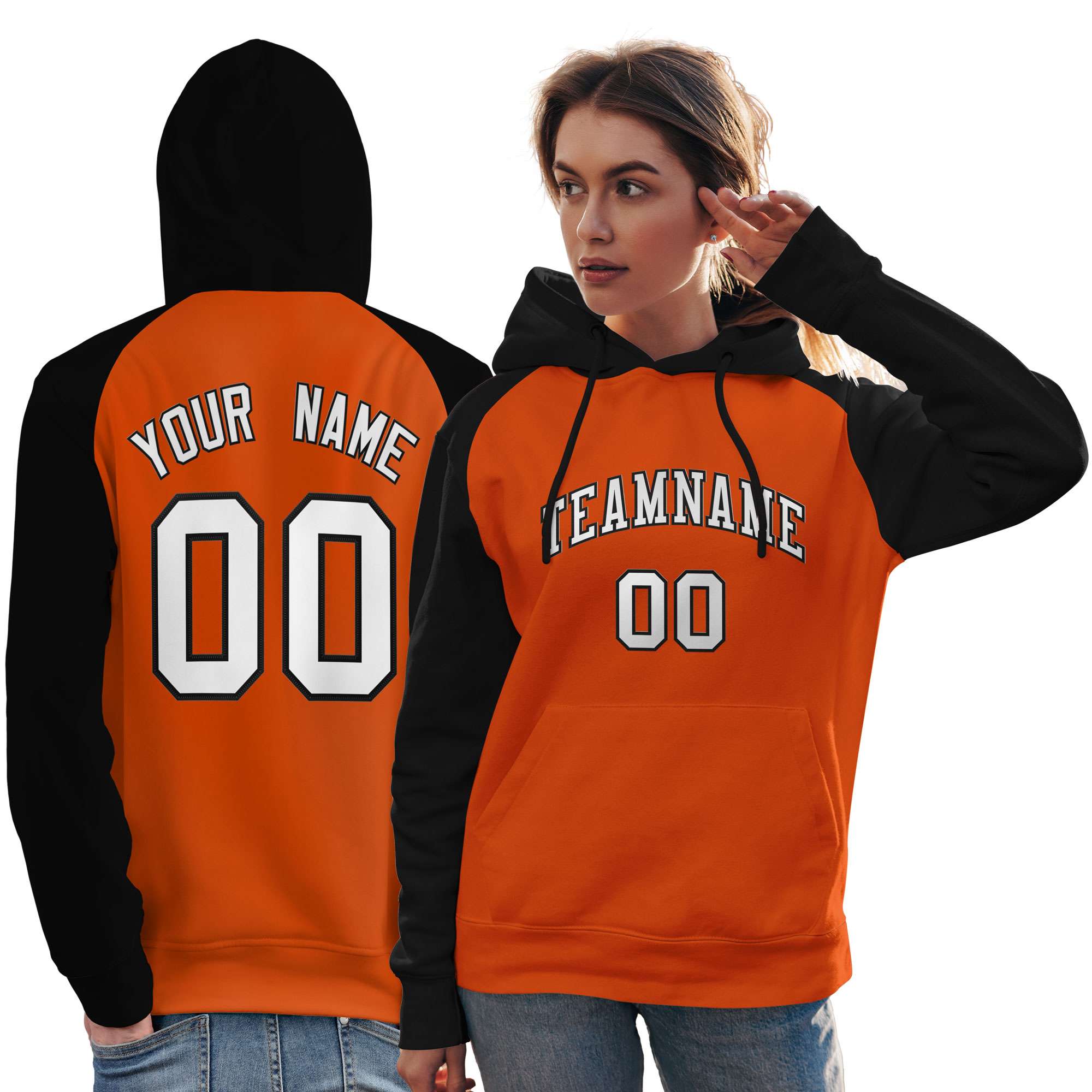 Custom Stitched Orange Black-White Raglan Sleeves Sports Pullover Sweatshirt Hoodie For Women