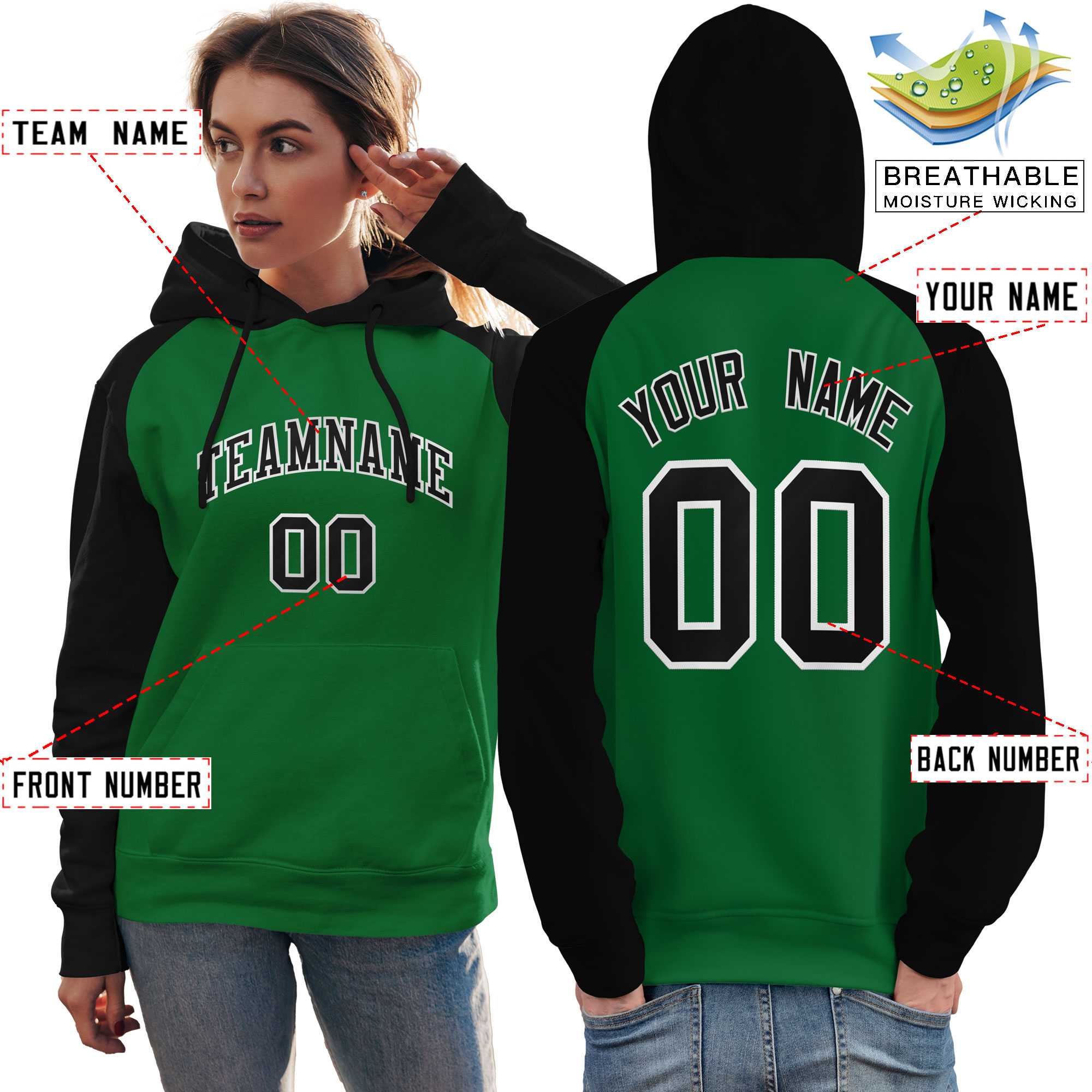 Custom Stitched Kelly Green Black Raglan Sleeves Sports Pullover Sweatshirt Hoodie For Women